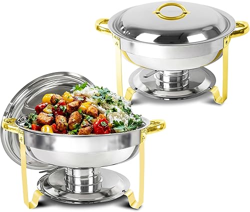NCOEN Juego de bufé redondo de 5 cuartos de galón, color dorado, paquete de 2 servidores y calentadores de buffet, calentadores de alimentos de 5