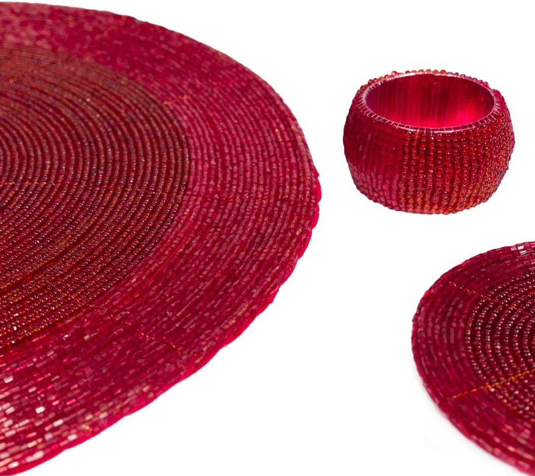Penguin Home Handcrafted Glass Beaded Round Placemats, Coasters & Napkin Rings Set of 18 - Handmade Table Place Mats for Dining - 32 cm (13") Diameter (Red)