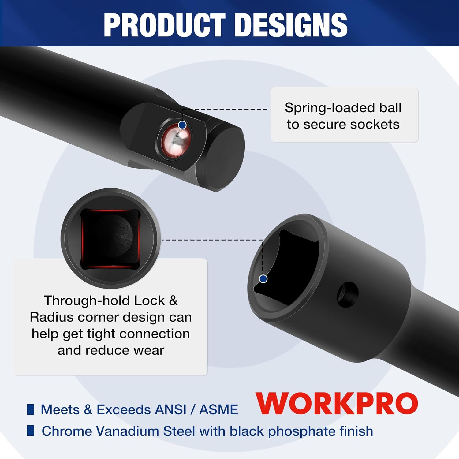 WORKPRO 9-Piece Impact Socket Extension Set, Includes 3/8" Drive Extension Bar Set, 1/4", 3/8" & 1/2" Drive Universal Joints and Adapters, Premium Chrome Vanadium Steel with Black Phosphate Finish
