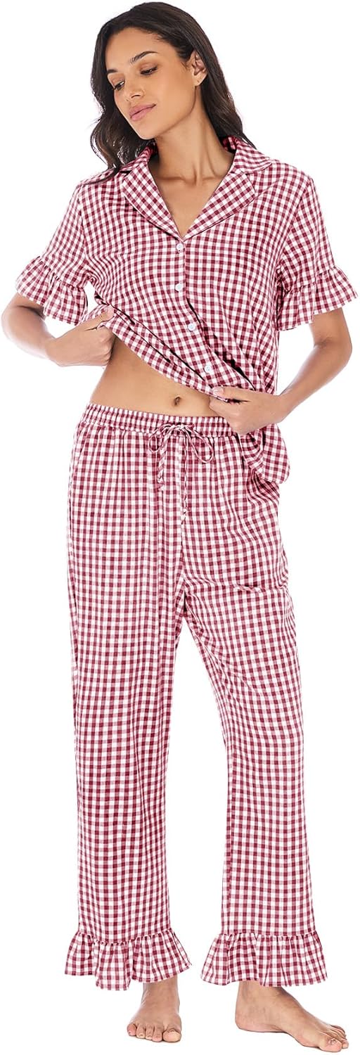 Kissonic Women Plaid Pajamas Sets 2 Piece Cotton Button Down Short Sleeve Shirt Ruffle Pants Gingham Pjs Lounge Set - Image 4