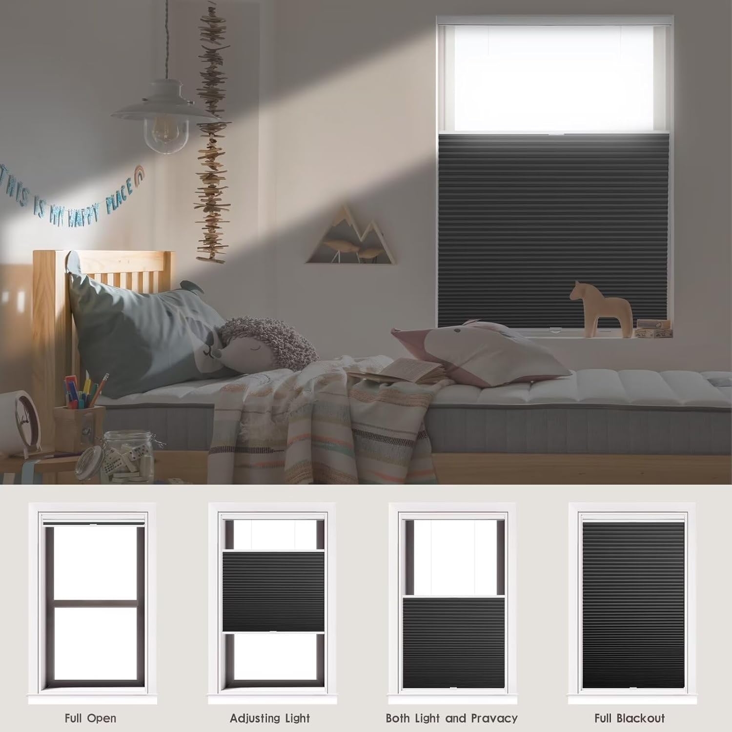 Youngoo Cordless Top Down Bottom Up Cellular Shades, Blackout Blinds for Indoor Windows，Honeycomb Blinds, Room Darkening Shades for Windows, Light Control,27" W*50" H,Black