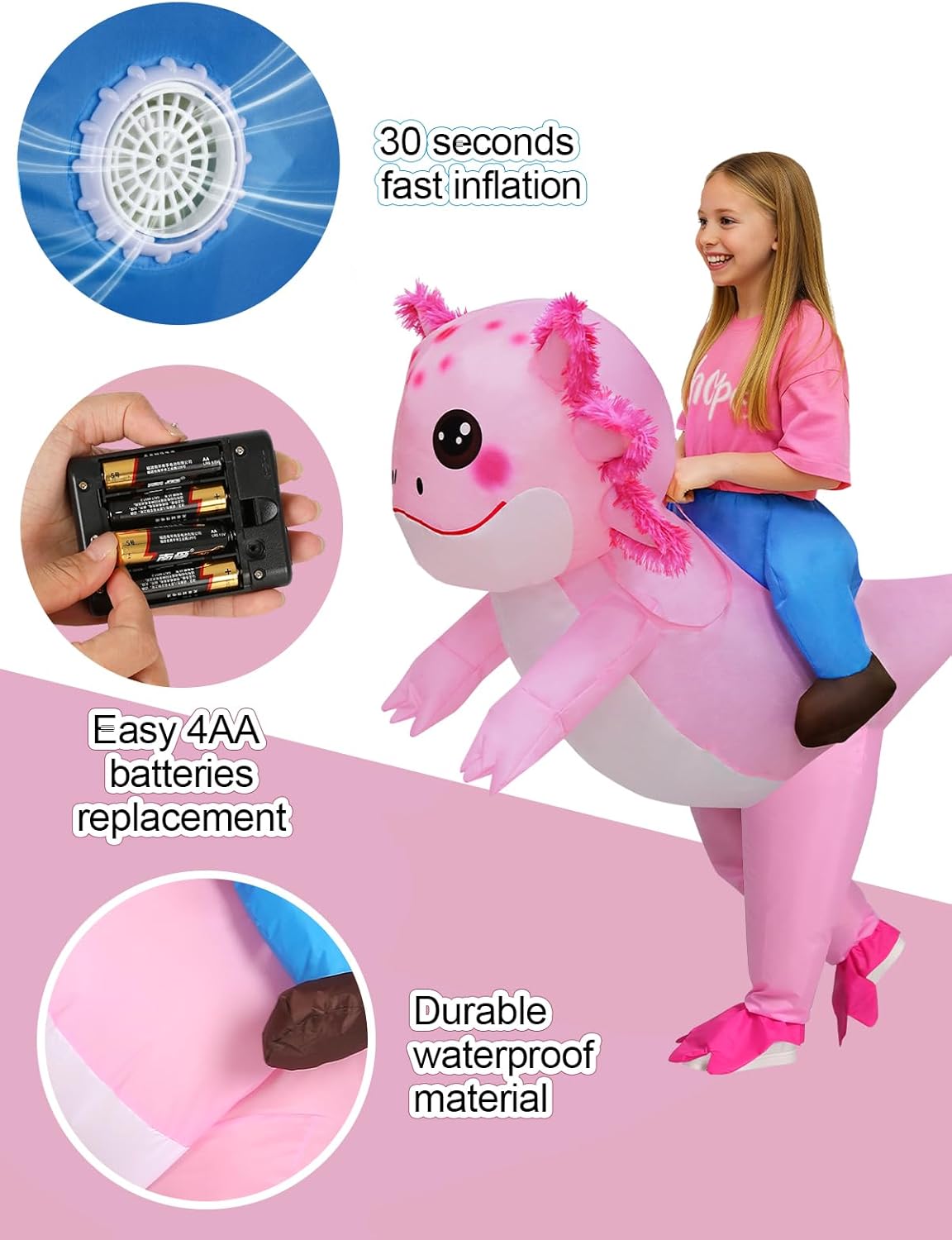 Kids Inflatable Axolotl Costume – Funny Birthday Gift for Girls&Boys, Blow Up Ride On Outfit for Party & Cosplay - Image 5