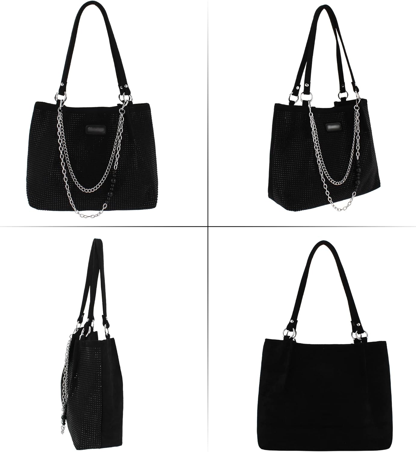 Womens Rhinestones Shoulder Tote Bag Faux Suede Crystal Glitter Handbag Top Handle with Chains Underarm Satchel - Image 3