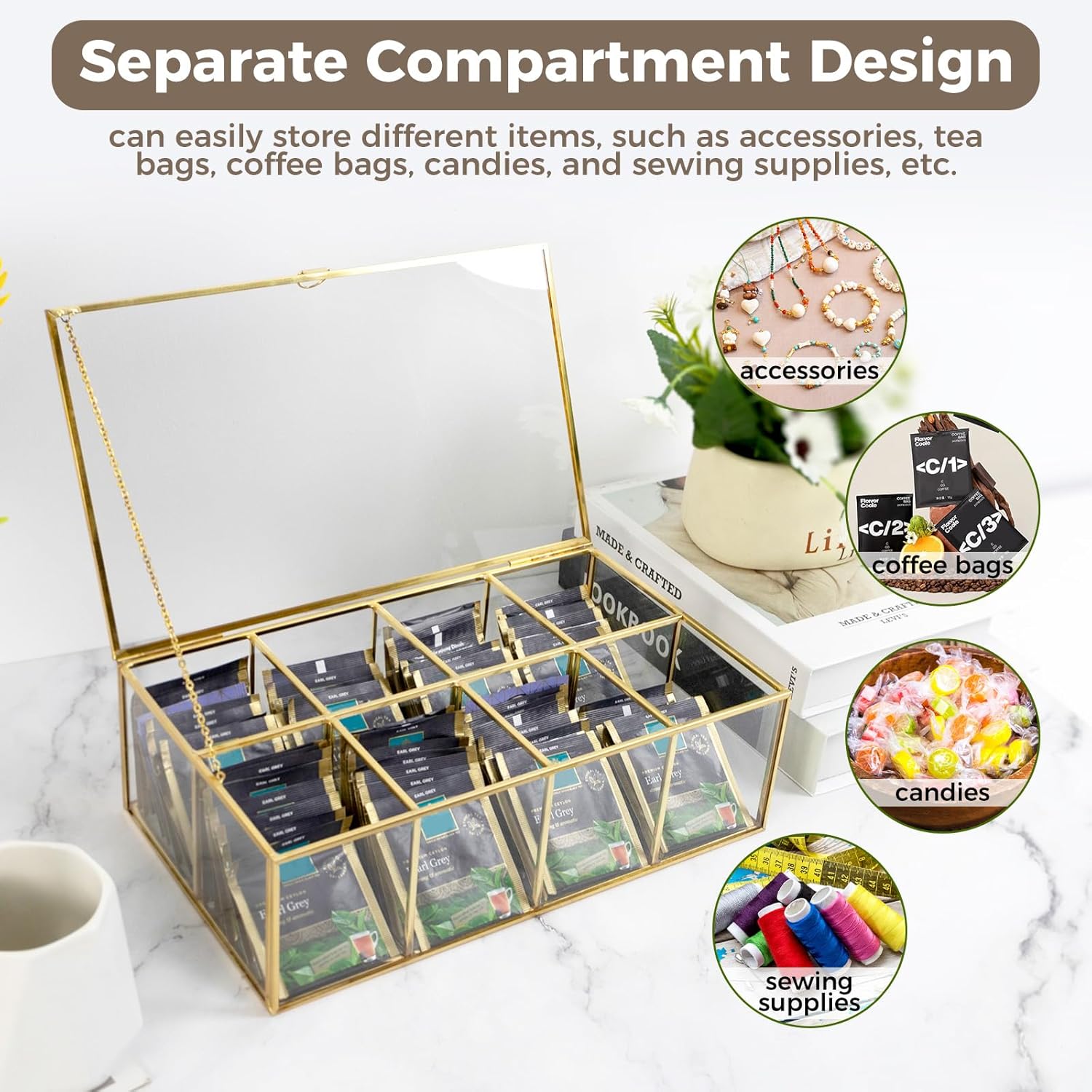 HighFree Gold Glass Tea Bag Organizer, Clear Storage Glass Box with Lid, Counter Top Collection Box for Tea, Surgar & Coffee Bags (8 Compartments)