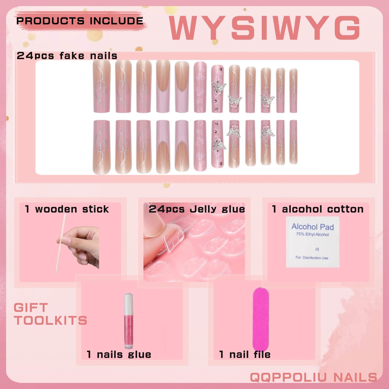 QQPPOLIU Lange rosa Nägel, zum Aufdrücken, quadratisch, rosa, mit Blume und 3D-Schmetterlings-Designs, volle Abdeckung, Nägel für Damen und Mädchen, 24 Stück