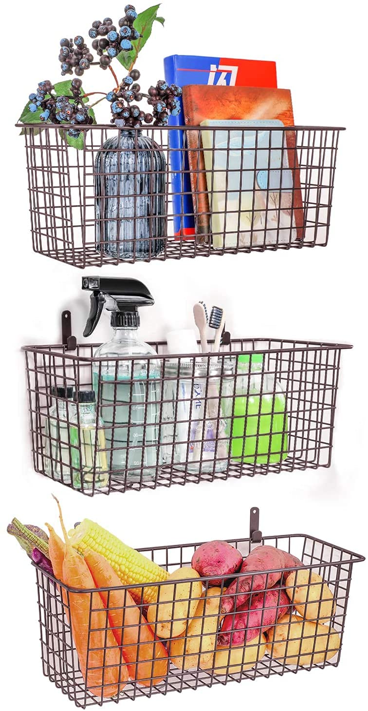 Sponsored Ad - Shiok decor Hanging Wall Basket for Storage, Wall Mount Sturdy Steel Wire Baskets, Metal Hang Cabinet Bin Wall Shelves, Rustic Farmhouse Decor, Kitchen Bathroom Organizer | Set of 3 - Extra Large - Black