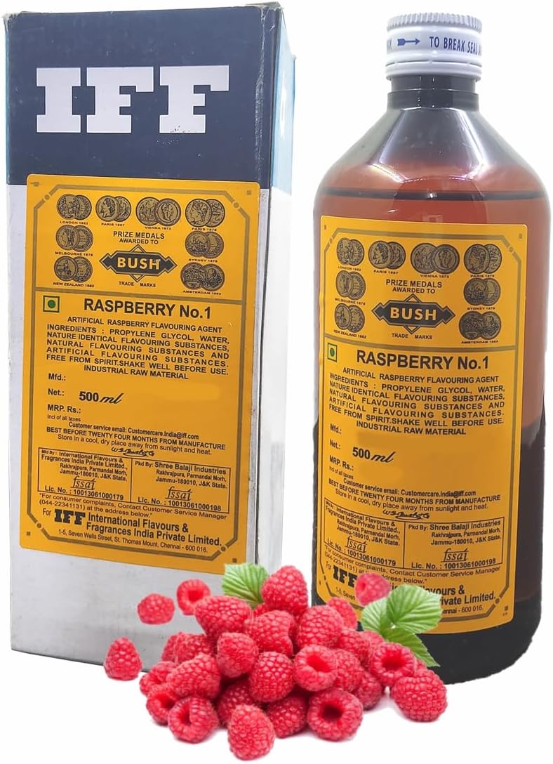 - IFF Raspberry No.1 Flavour/Essence (Used in Ice Creams, Cakes, Chocolates, Jams, Jellies, Sweets, Marzipan, Confectioneries, Cookies, Sherberts, Milkshakes etc)- 500 ML Pack