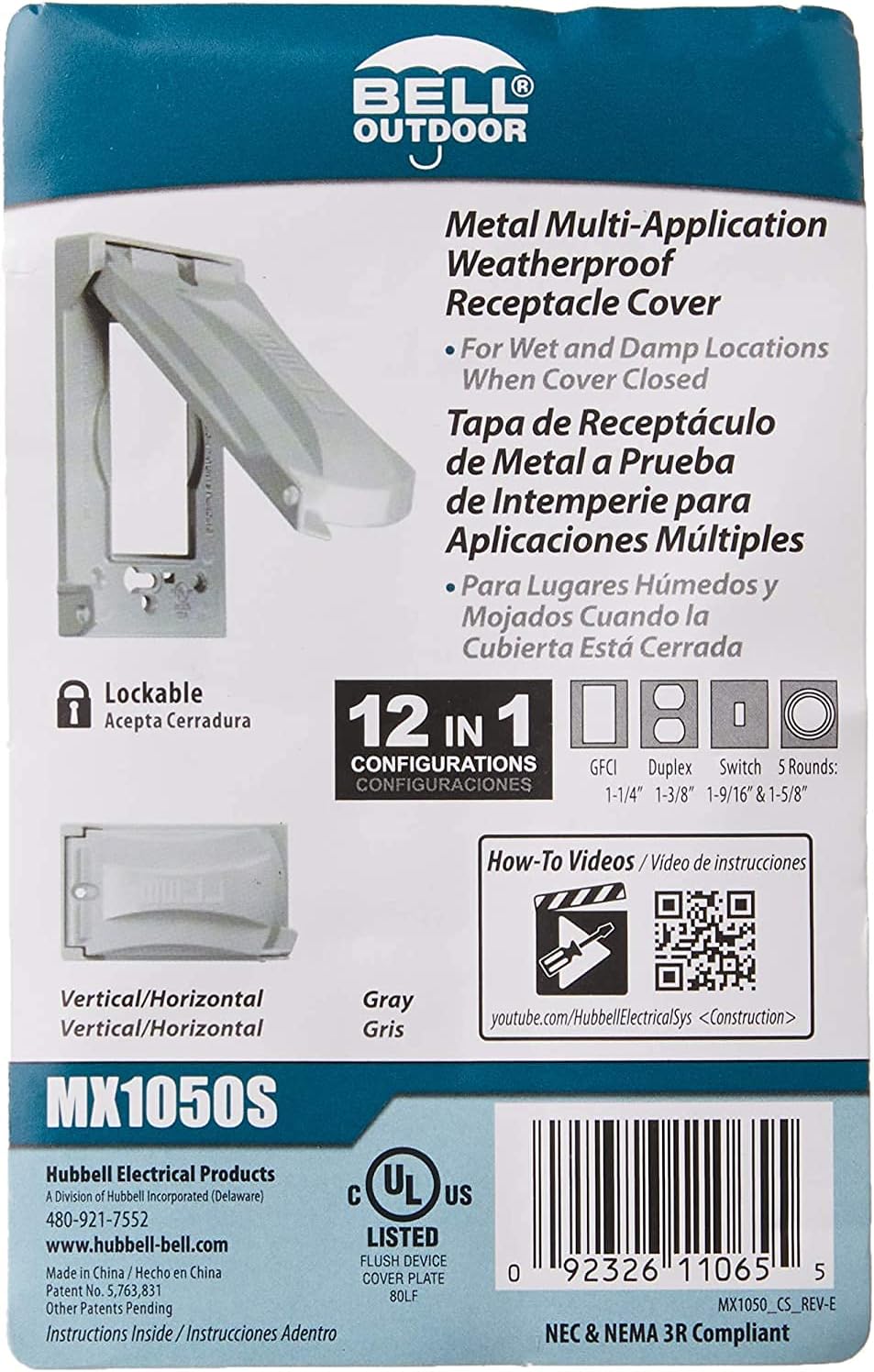 Hubbell Bell MX1050S Single-Gang Weatherproof Heavy Duty Universal Flip Cover Gray Finish (!!"" 0 2 - Gray)