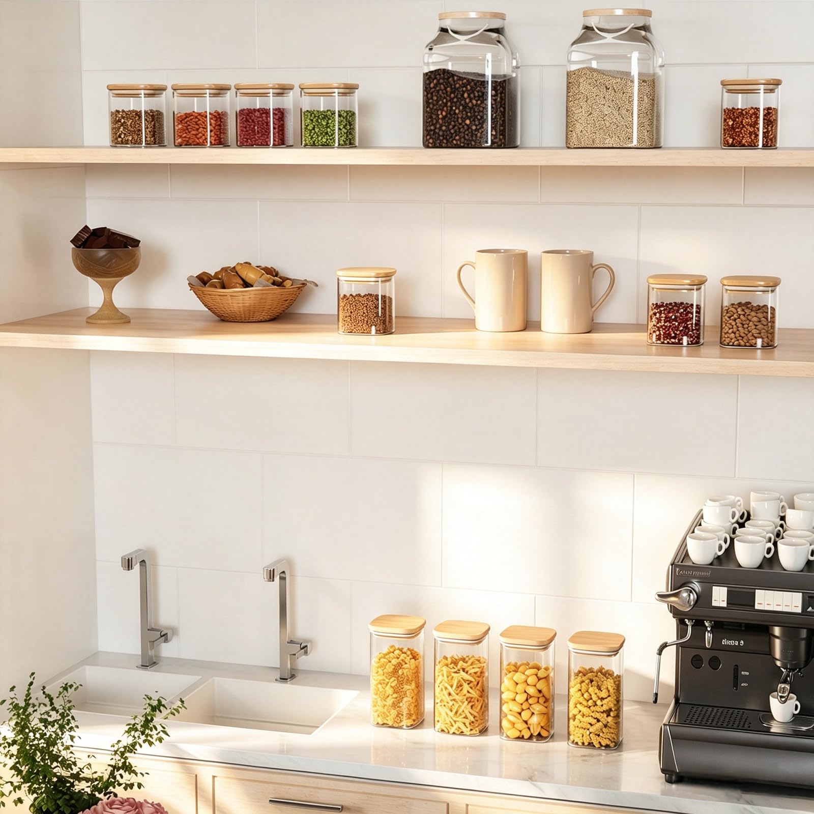 Finew Barattoli in vetro con coperchio in bambù, set da 12 barattoli ermetici per alimenti, trasparenti, contenitori da cucina per spezie, erbe, caffè, tè, pasta, fagioli, zucchero, biscotti, snack,