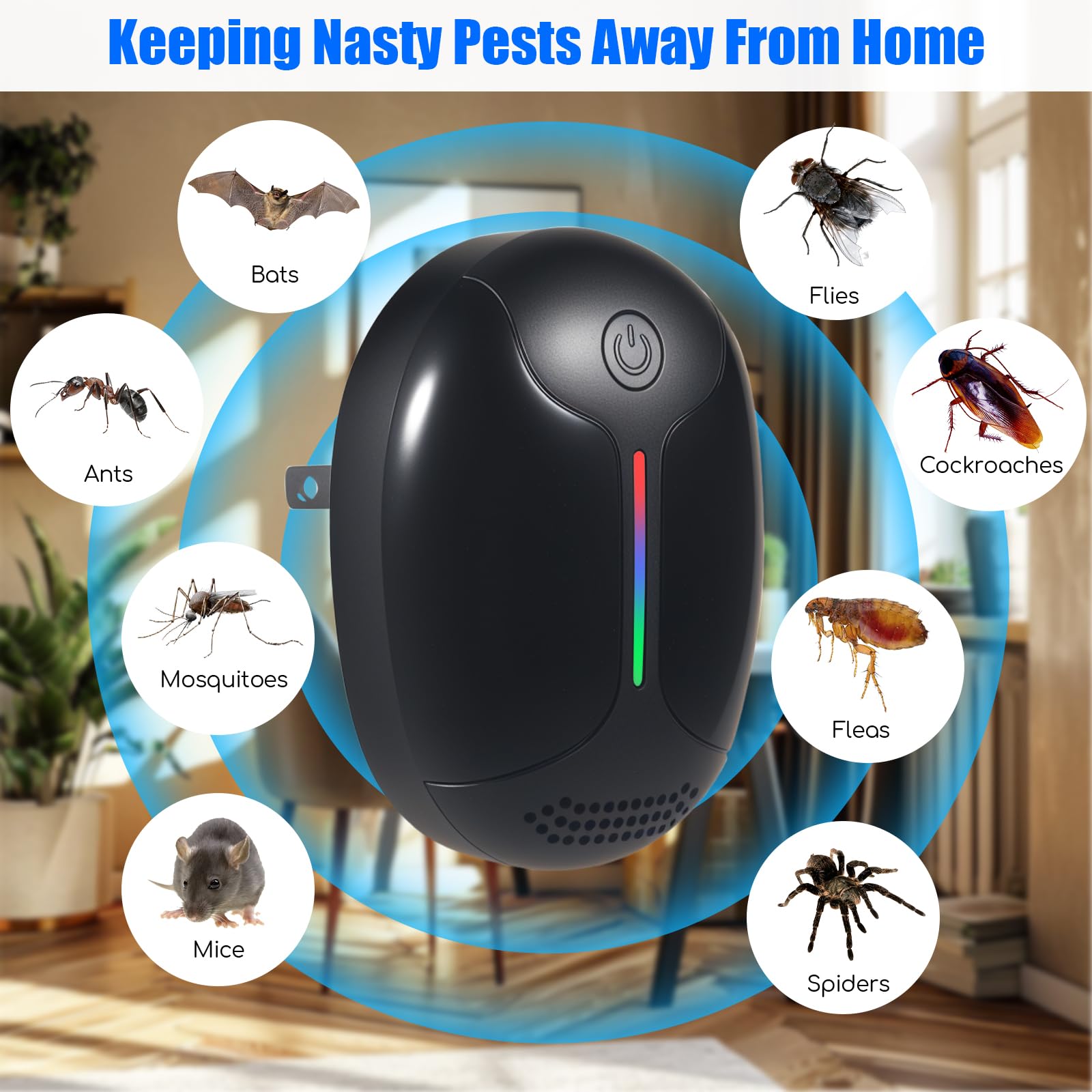 Repelente ultrasónico de ratones para interiores, repelente de insectos mejorado para roedores, araña, araña, fácil de usar para el hogar, cocina, garaje, repelente de mosquitos para interiores y
