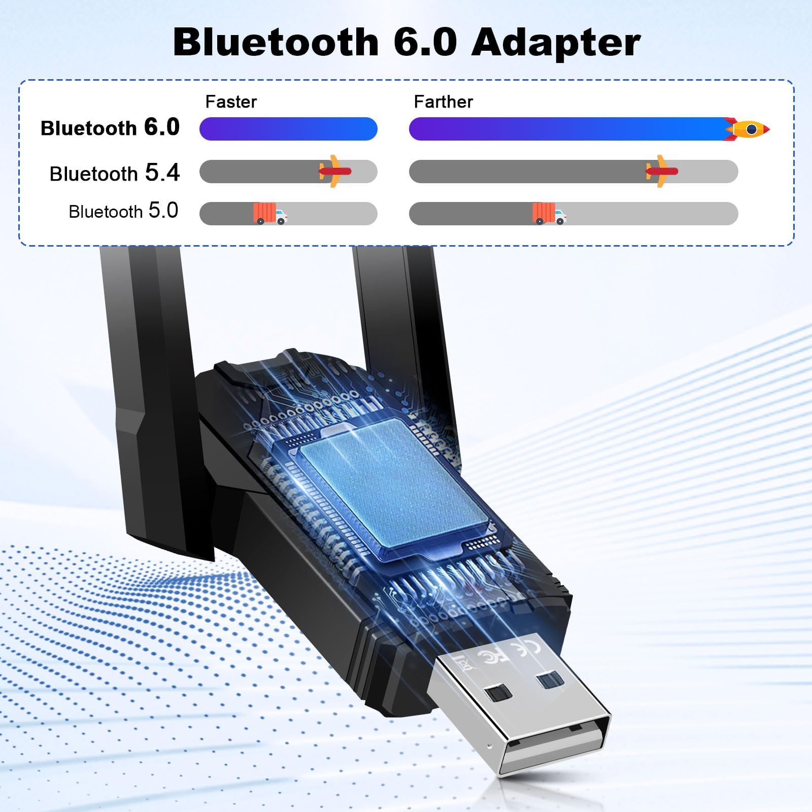 Adaptador Bluetooth 6.0 USB Dongle para PC, USB Bluetooth Stick para ratón, soporta hasta 5 dispositivos al mismo tiempo, gran alcance, baja latencia, compatible con Windows 11/10/8.1, antena doble