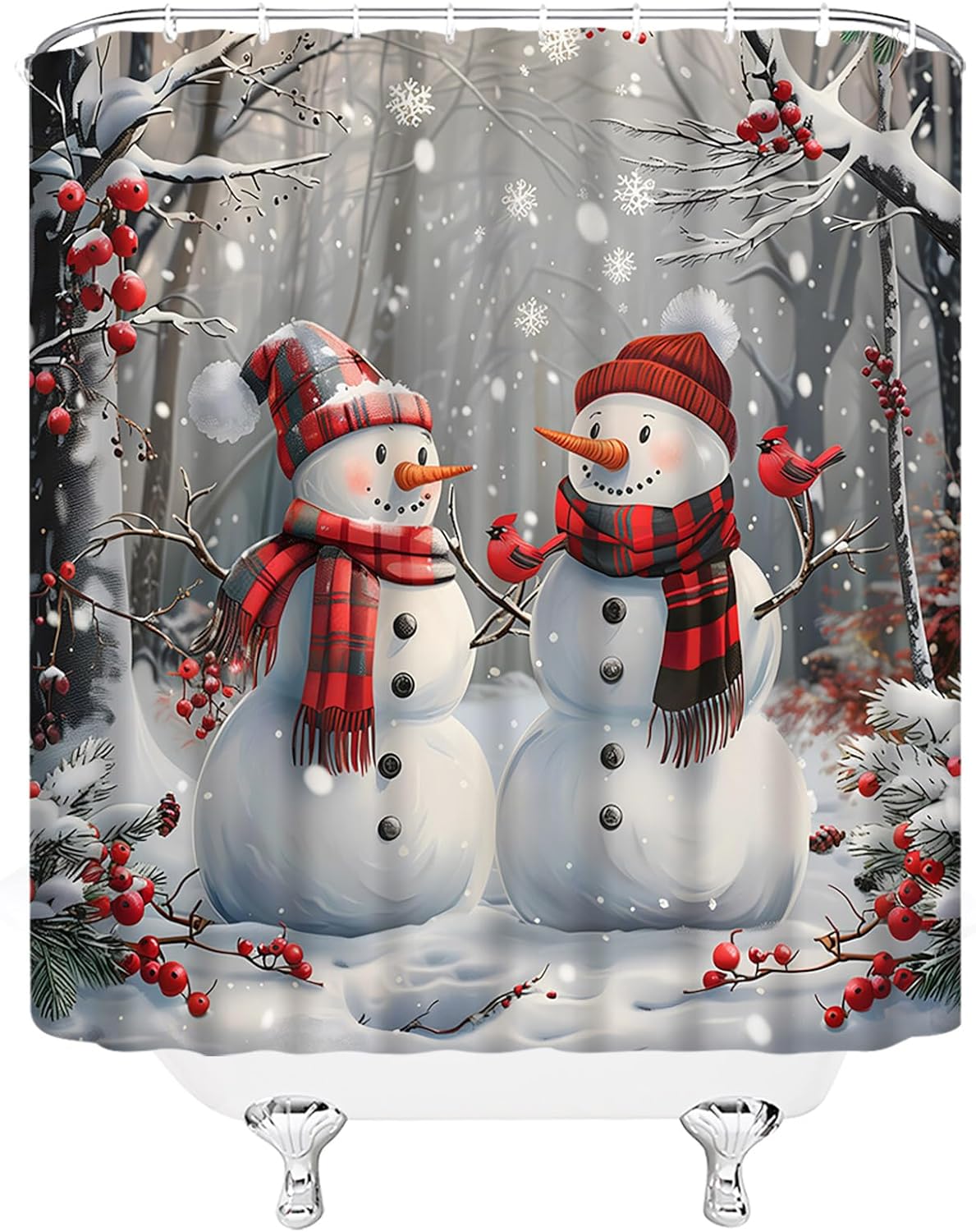 Christmas Snowman Shower Curtain Cute Snowman Red Bird Berry Snowy Tree Forest Snowflake Nature Winter Holiday 70" Wx96 H Bathroom Decor Curtain with Hooks