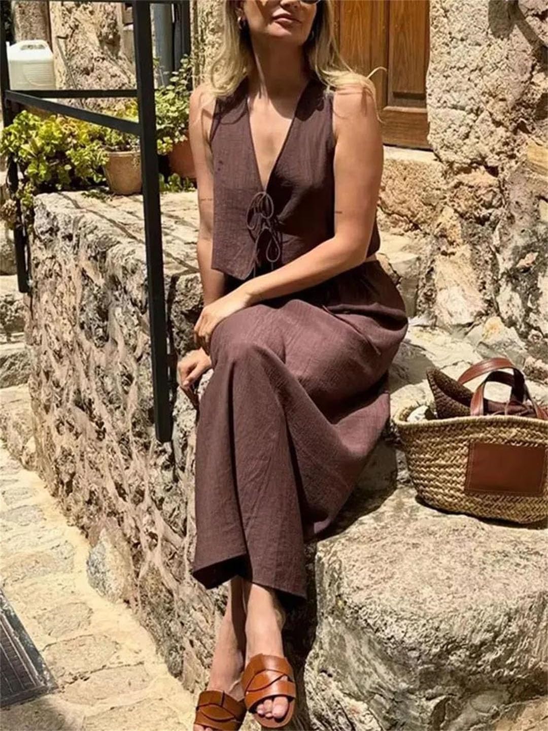 Women Skirt Bow Lace-Up Short Vest Top Loose Drawstring Midi Skirt Two-Piece Set