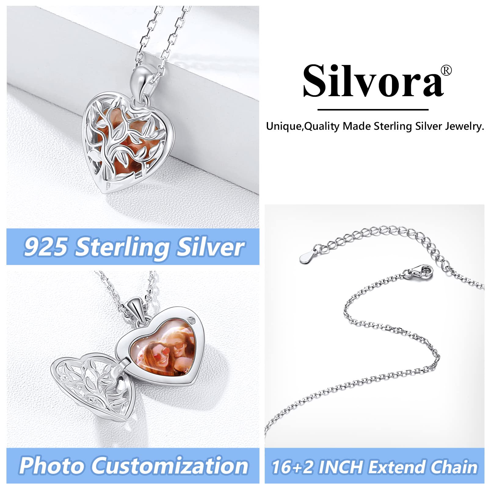Silvora Individueller Foto Anhänger Halskette Bild Anhänger zum Öffnen mit Medallion aus S925 Silber in Herzform/Herzförmiger Lebensbaum/Keltischer Knoten in Weißgold/Gold/Rosegold mit 41/46/56cm+5cm Kette