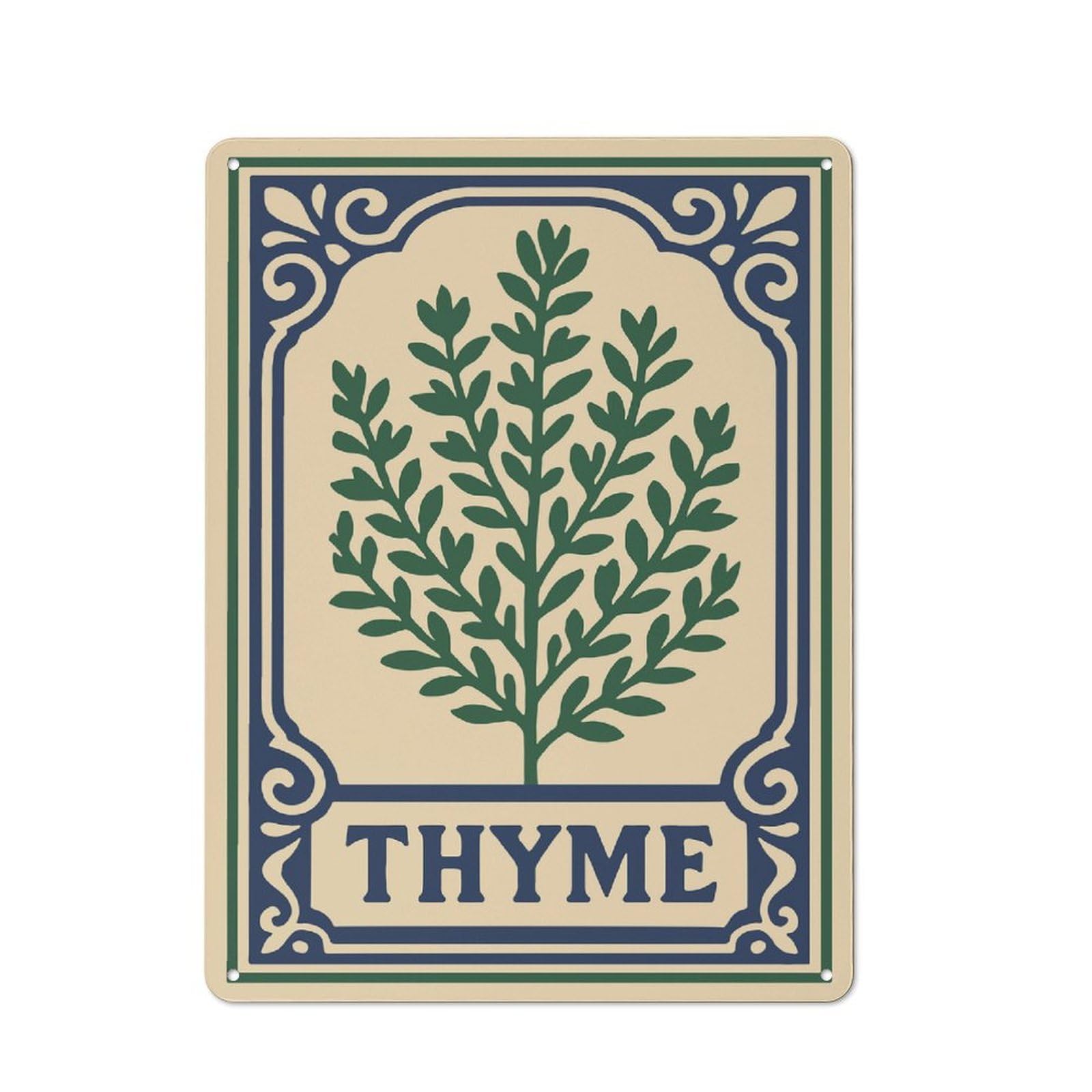 Junmoney Style-18 Thyme Herb Illustration Decorative Tin Plaque 40X30cm, Decorative Novelty Wall Art For Hallway, Home Bar, Garage Or Study