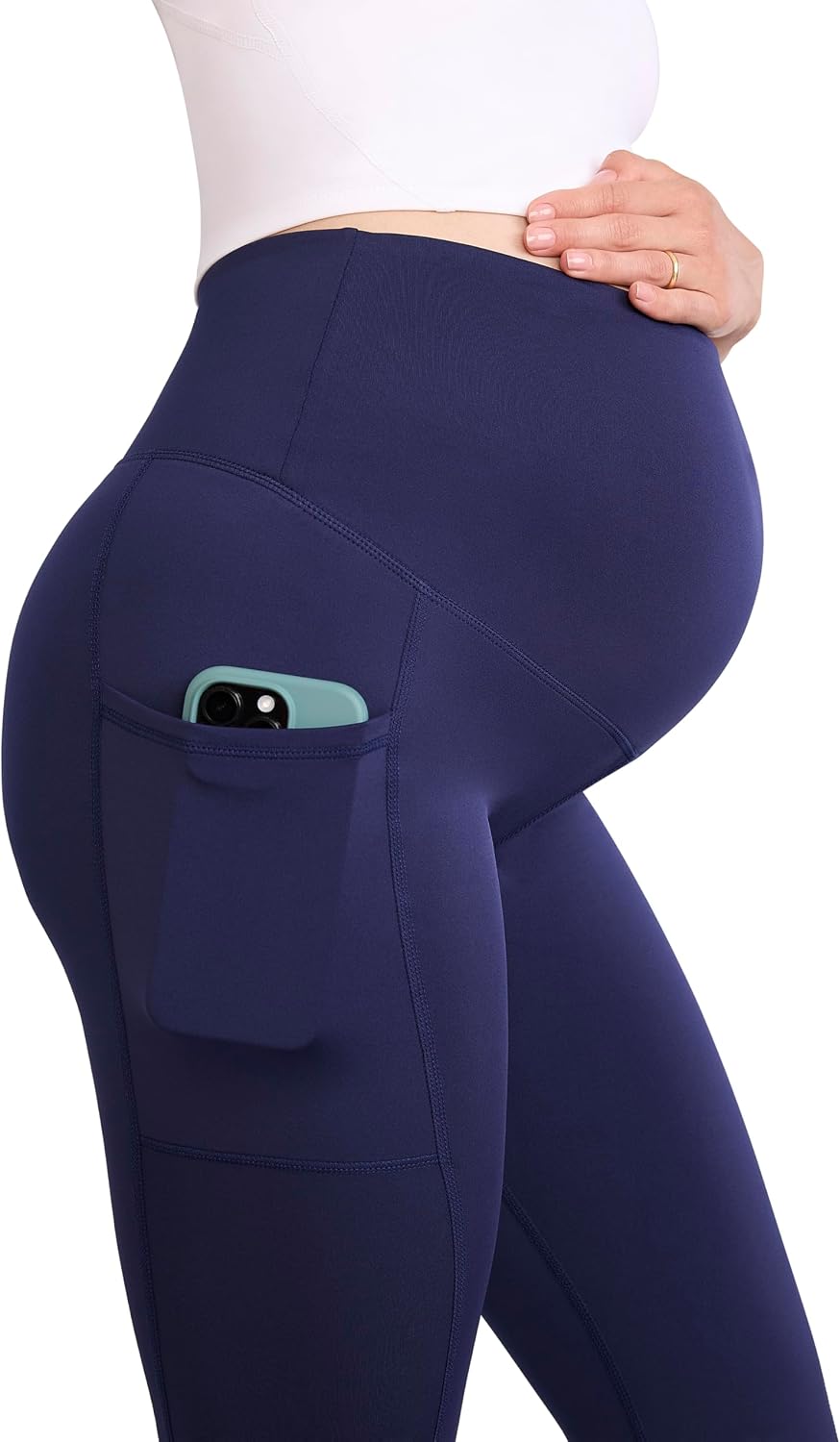 Motherhood Maternity Women's Over the Belly Workout Activewear Pregnancy Leggings with Pockets