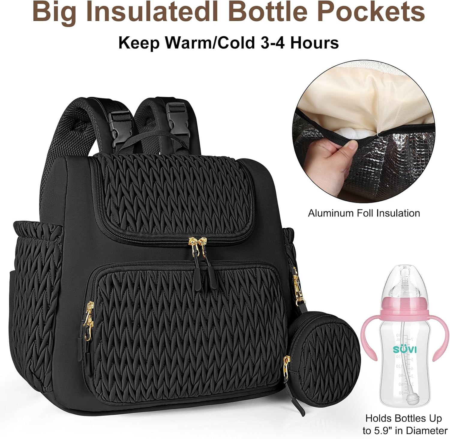 Geestock Diaper Bag Small Diaper Backpack Stylish Mini Maternity Backpacks Baby Bags for Baby Boy with Insulated Pockets, Changing Pad & Stroller Straps for Travel & Daily Outings, Black - Image 3