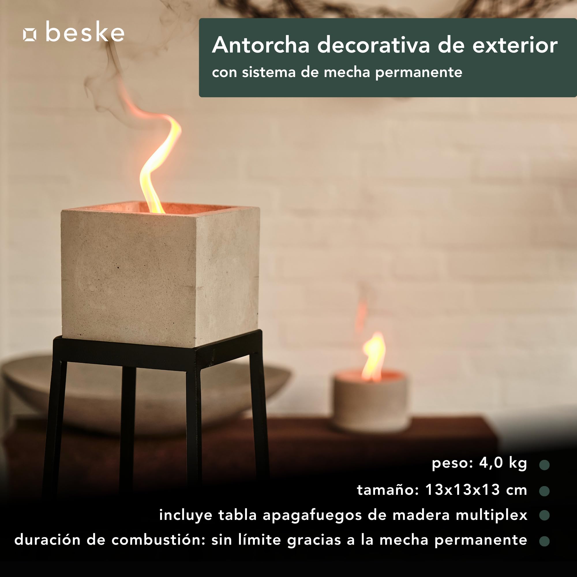 Antorcha Decorativa de Exterior en hormigón | Sistema de Mecha Permanente, duración ilimitada | para jardín y terraza | Hecho a Mano en Alemania | Modelo (Kea (13x13x13 cm))
