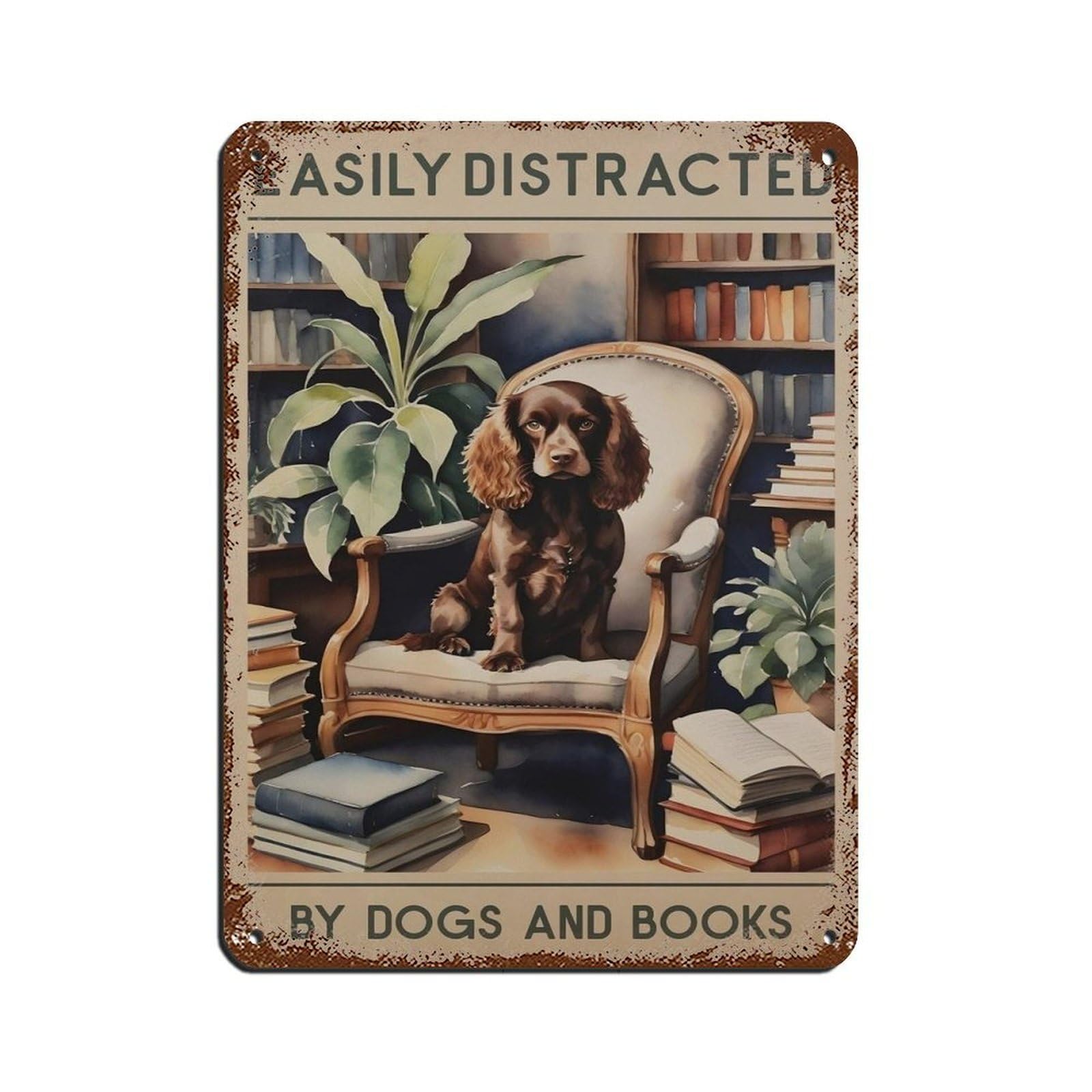 Dog And Books Poster, Spaniel Dog, Vintage Book Retro Poster Metal Tin Sign Chic Art Retro Iron Painting Bar People Cave Cafe Family Garage Poster Wall Decoration 12x16inch(30x40cm)