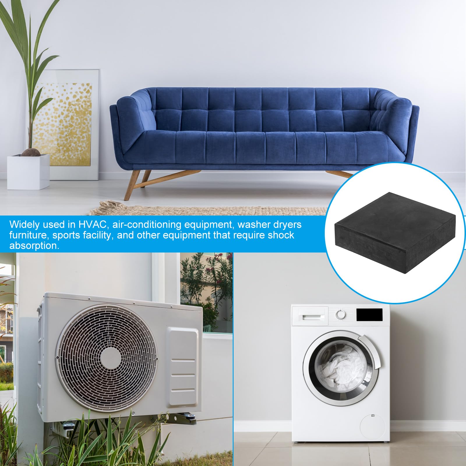 PATIKIL Tampons en Caoutchouc Anti-Vibrations, 4 Pièces, Tapis d'Isolation Des Vibrations Carrés 3,94" x 3,94" x 1,2" pour Climatisation HVAC, Lave-Linge, Sèche-Linge, Noir