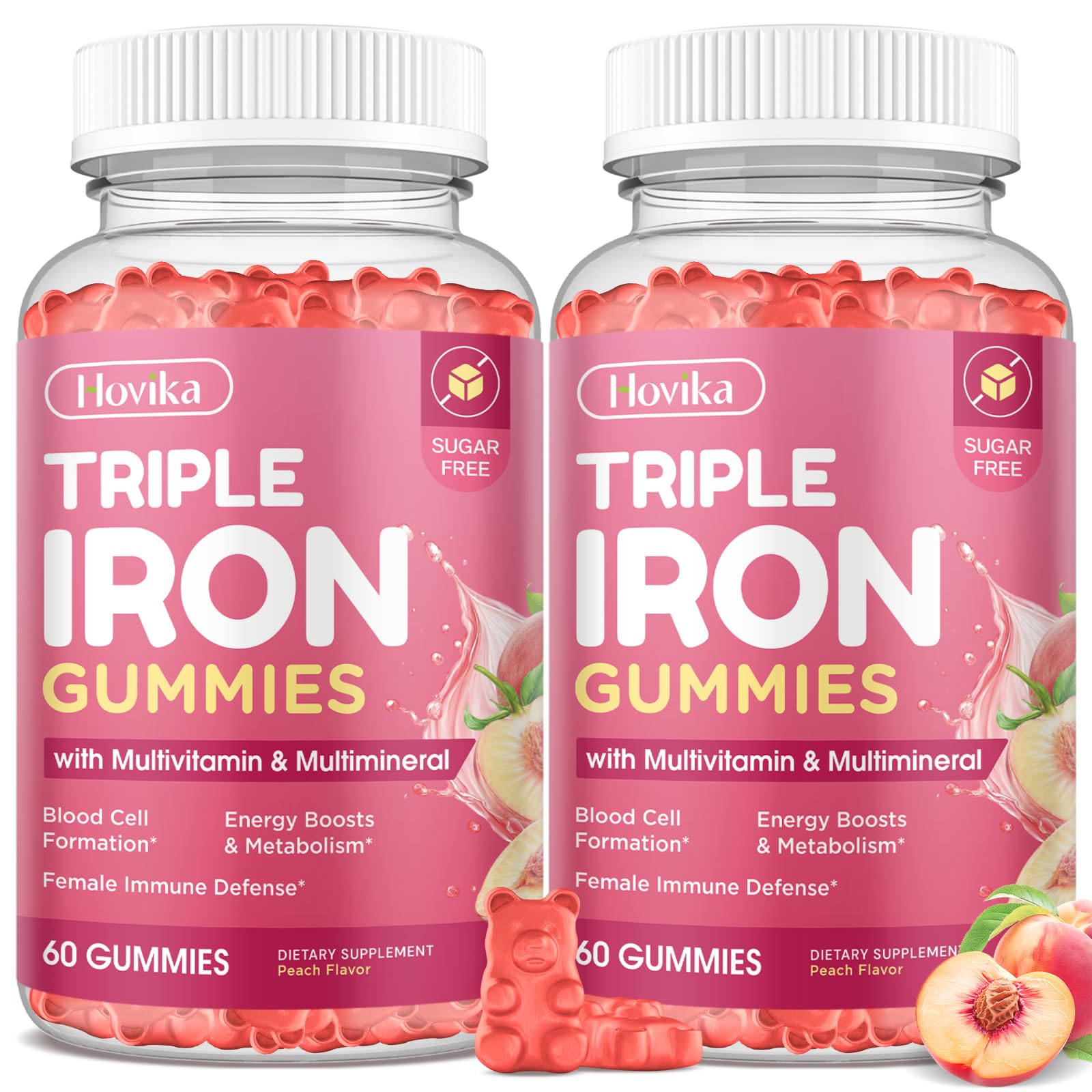 Iron Gummies for Women, Triple Iron Supplement with Multivitamin Iron Gummies with Vitamin C, A, B, Folate, Copper, Zinc for Energy & Blood Support, Immune Health, Vegan Peach, Flavor 120 Counts Peach 120 Count (Pack of 1)
