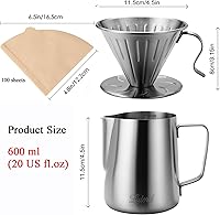 Vista 3 de Pour Over Coffee Maker, 304 Stainless Steel wIth 100 pcs V60 Paper Filters & 600ml Milk Frothing Pitcher, for Home & Camping