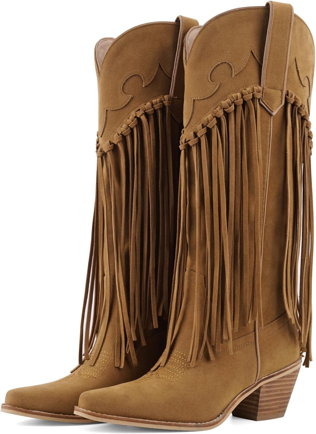Fringe Knee High Cowgirl Boots for Women Embroidered Pointed Toe Chunky Block Heel Cowboy Western Tassel Boot
