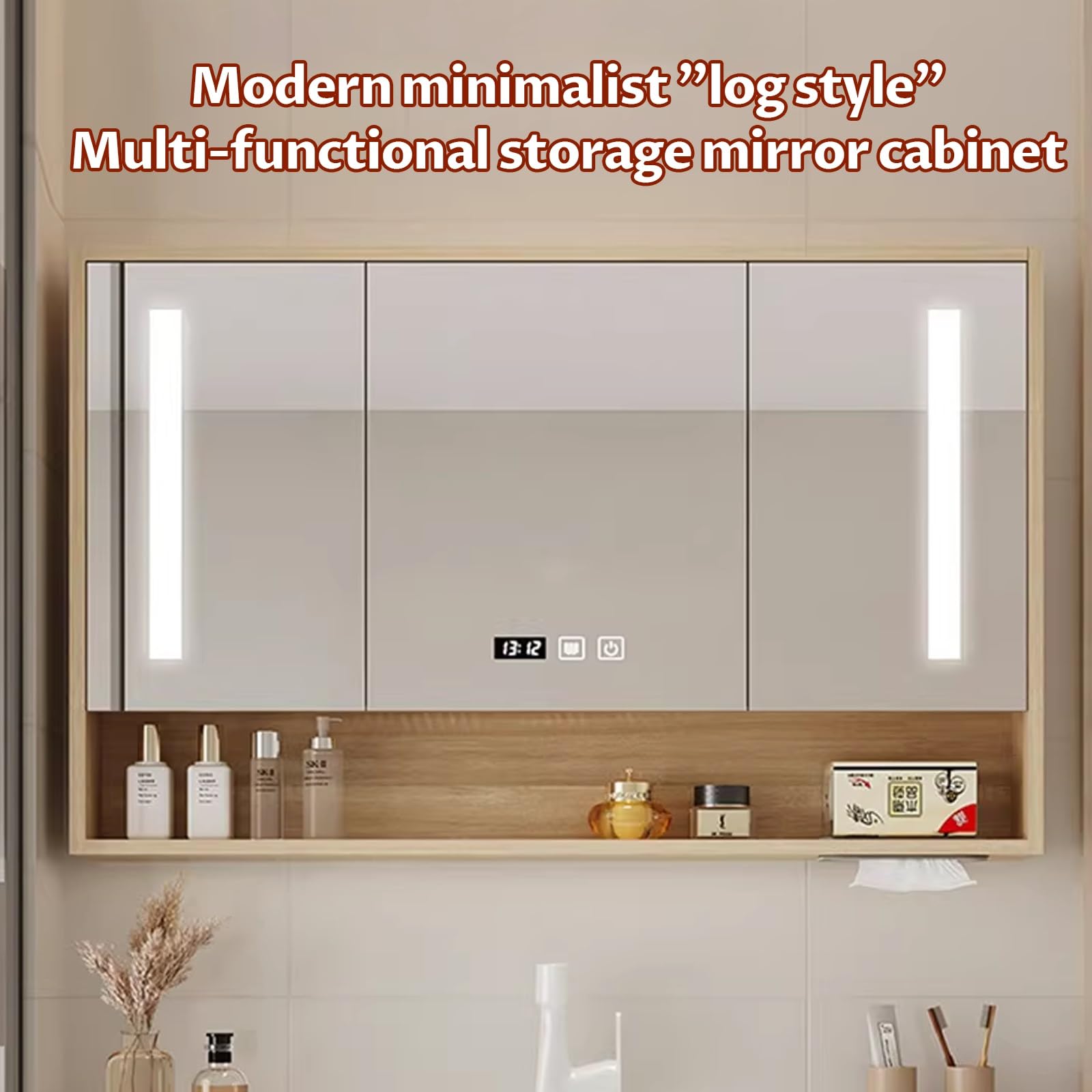 Mueble con Espejo de baño, Durable y silencioso/Orificio de Tejido humanizado/Accesorios de Hardware/Almacenamiento Dividido/Iluminación Suave(Wood,60cm/23.6in)