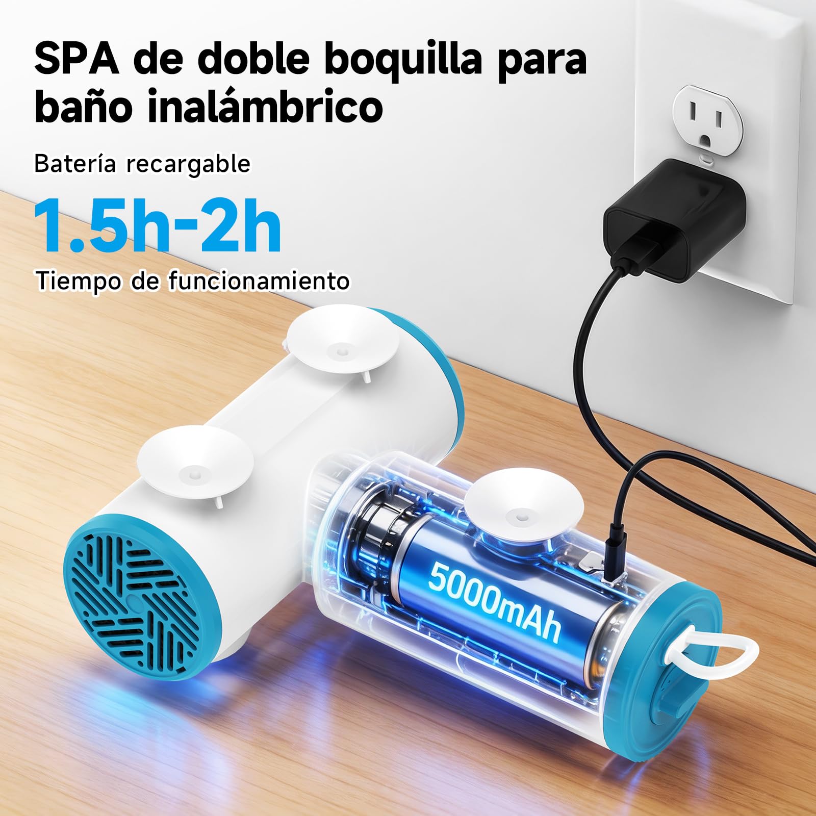 Buses baño portátiles, dobles, 5000mAh, IP67 | Jet y burbujas, 3 niveles, 360°, ventosas, 2h uso, limpieza fácil