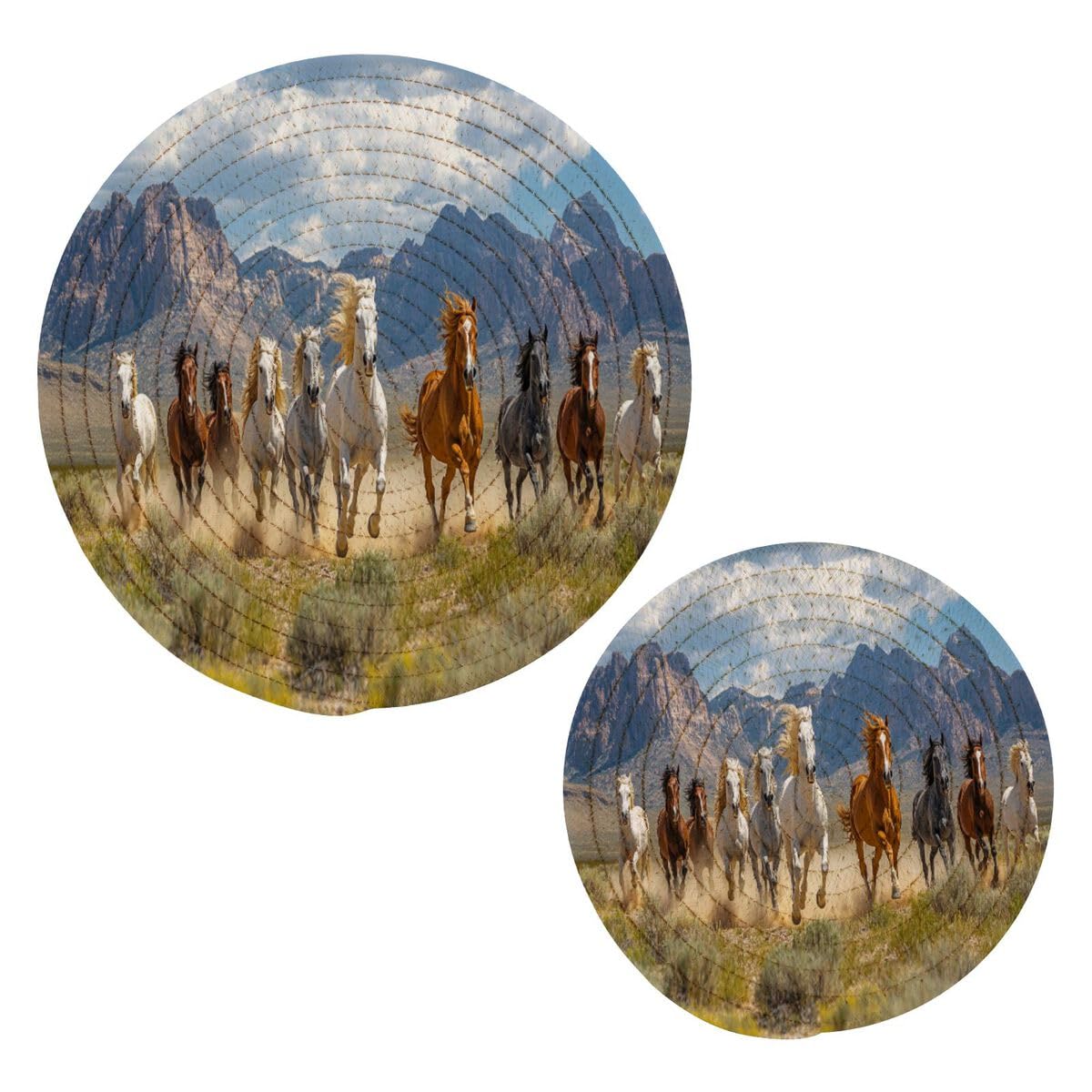 Jumbear A 2Pcs Beautiful Running Horses Trivets For Hot Pots Nd Pans Nd Pot Holders– Cotton Rope Round Mats, Hot Pads For Kitchens, Coasters, Placemats, Spoon Rest For Cooking Nd Baking