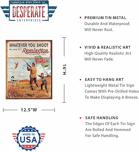 Miniatura 2 de Desperate Enterprises Señales de estaño Remington Lo que sea que dispares,2 escopetas y pato,Tablero de balas,Para rifles y pistolas,Carga del