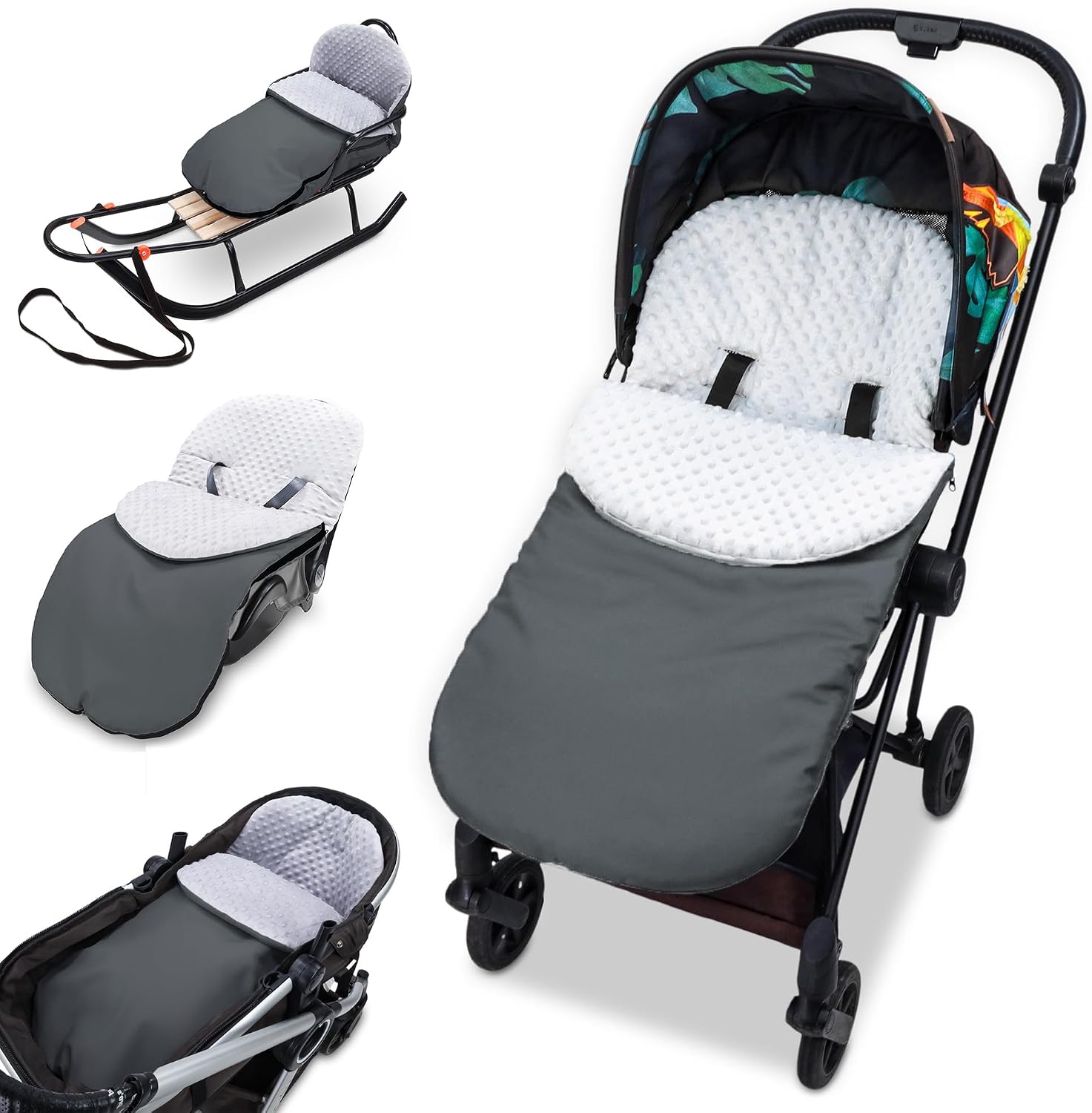 Saco Carrito Bebé Universal en Minky: 90x45 cm – Saco de Invierno forrado suave de Ajuste Universal – lavable a 30 grados en la lavadora para Bebé y Niño Oeko-Tex Gris Oscuro
