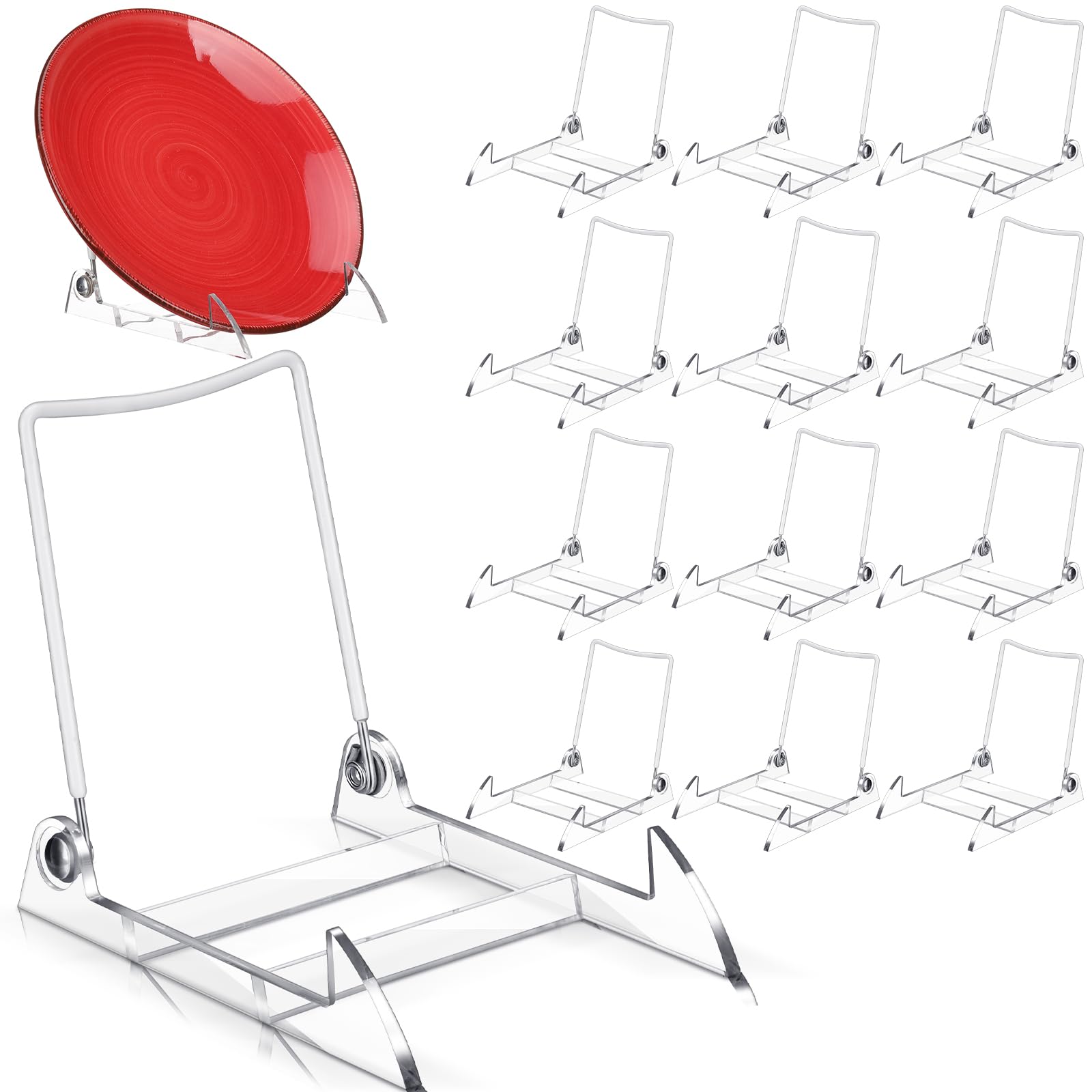 DoubleFill 12 Pcs Acrylic Plate Stand Clear Plate Stand Adjustable White Wire and Clear Acrylic Display Easel 4.75" H x 3.8" W X5.3 D Holder Stand for Display Plates and Book Stand Pictures