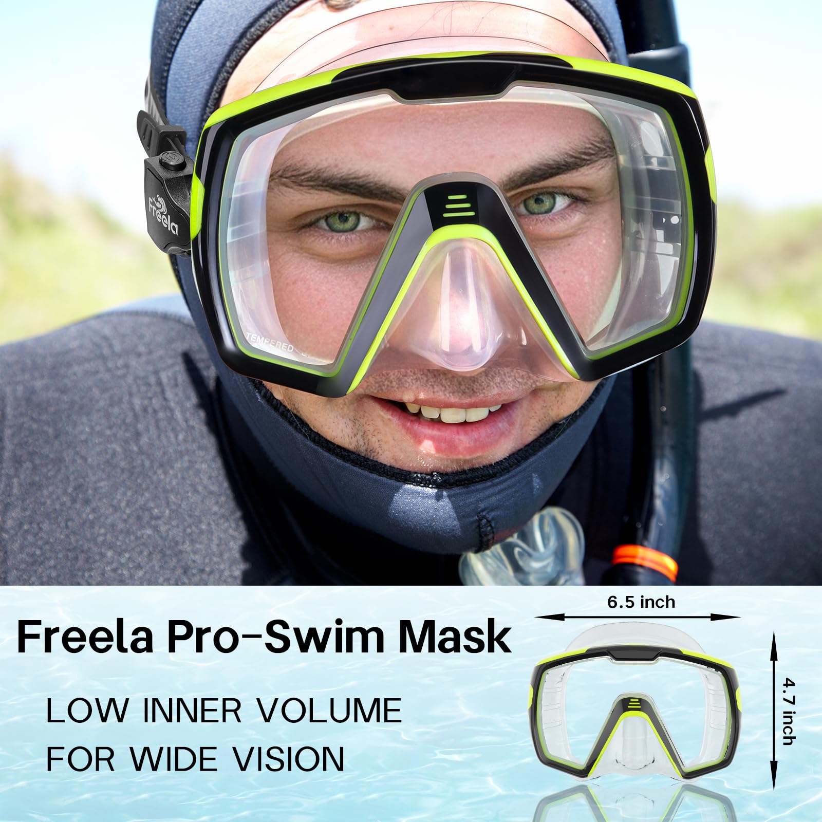 Freela Gafas de natación para adultos con cubierta de nariz, vidrio templado, antivaho, impermeable, 180°, transparente, amplia visión, hombres y mujeres