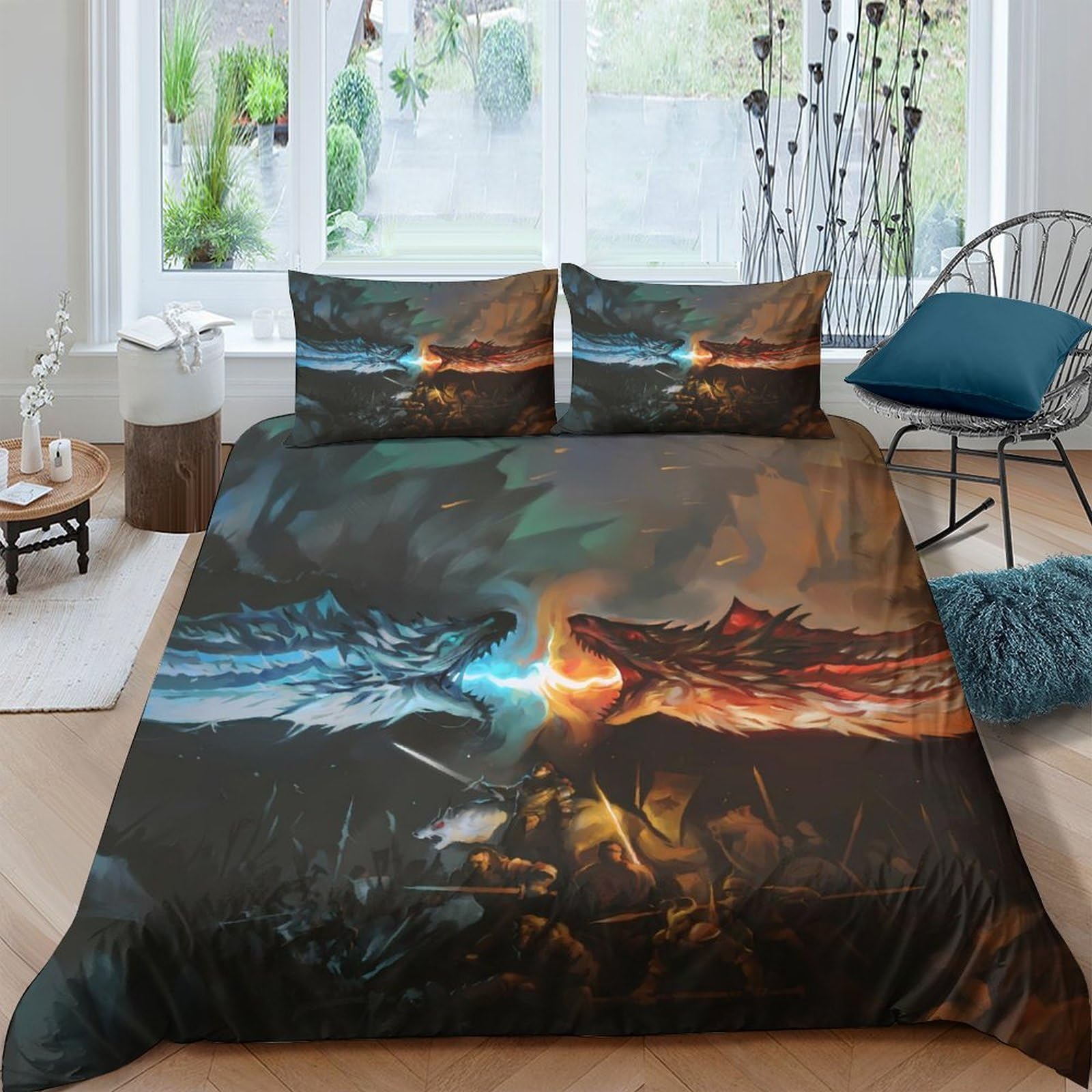 Ctjqhvkz Style-9 3D Printed Dragon Battle Fitted Sheet Microfiber Soft Breathable Fire Ice Bed Cover For Bedroom Dorm Decor Single（135X200cm）