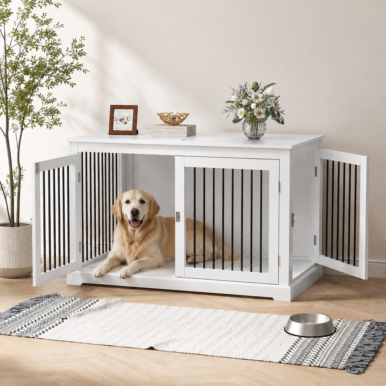 HOLTICO Mueble Jaula para Perros Grandes,Tapa Abatible,Tubos de Metal Antimordeduras,Doble Puerta,Incluye Cojín,Interiores,Mesa Auxiliar Salón,98x71.2x79cm,Blanco