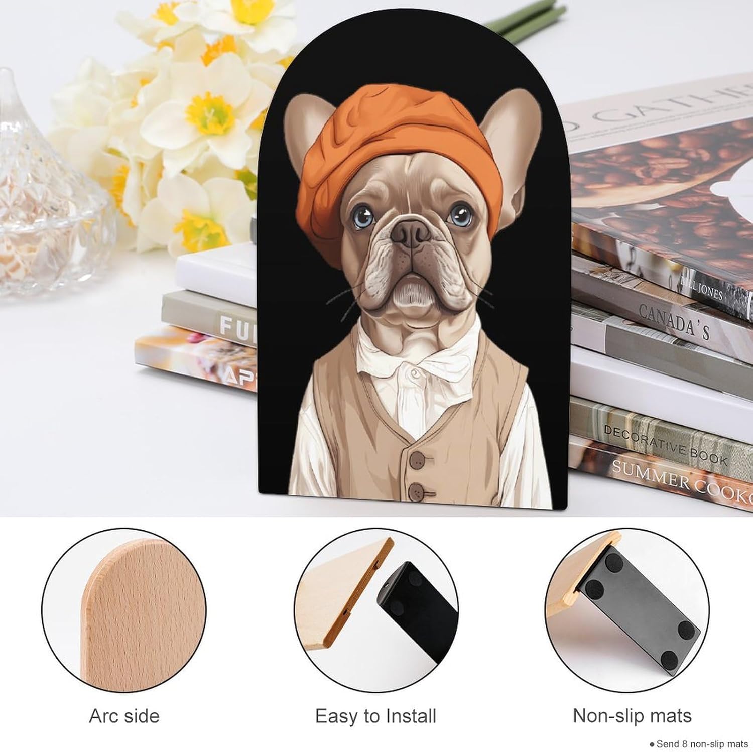 French Bulldog Cute Cute Wood Book Ends Decorative Bookends 1 Pair Non-Skid for Shelves Home Office 7 X 5 Inch