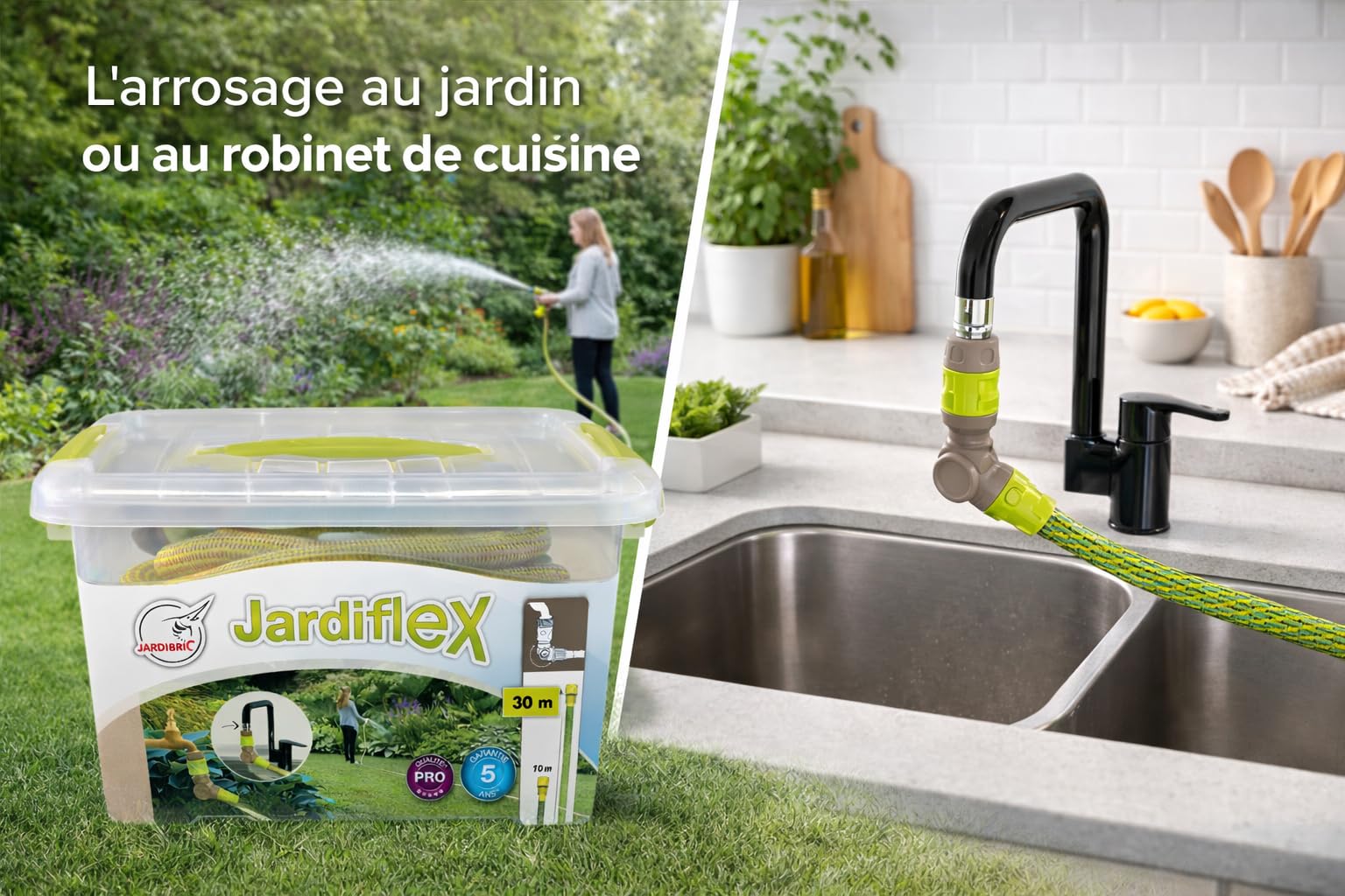 Jardibric - Tuyau Arrosage Extensible 30 m - Tuyau Arrosage Rétractable - Pistolet 7 Jets - Kit Arrosage Jardin