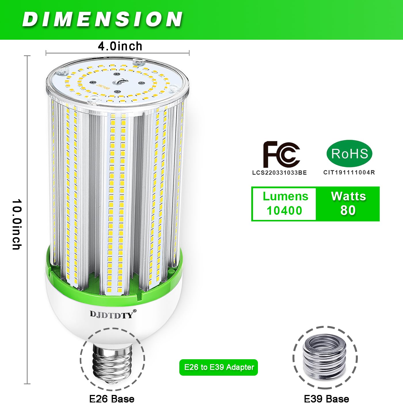 Ampoule épi de maïs 80 WLED, culot E26 avec adaptateur E39, ampoule LED 5000 K 10400 lm pour garage, entrepôt, atelier, grange (80 W)