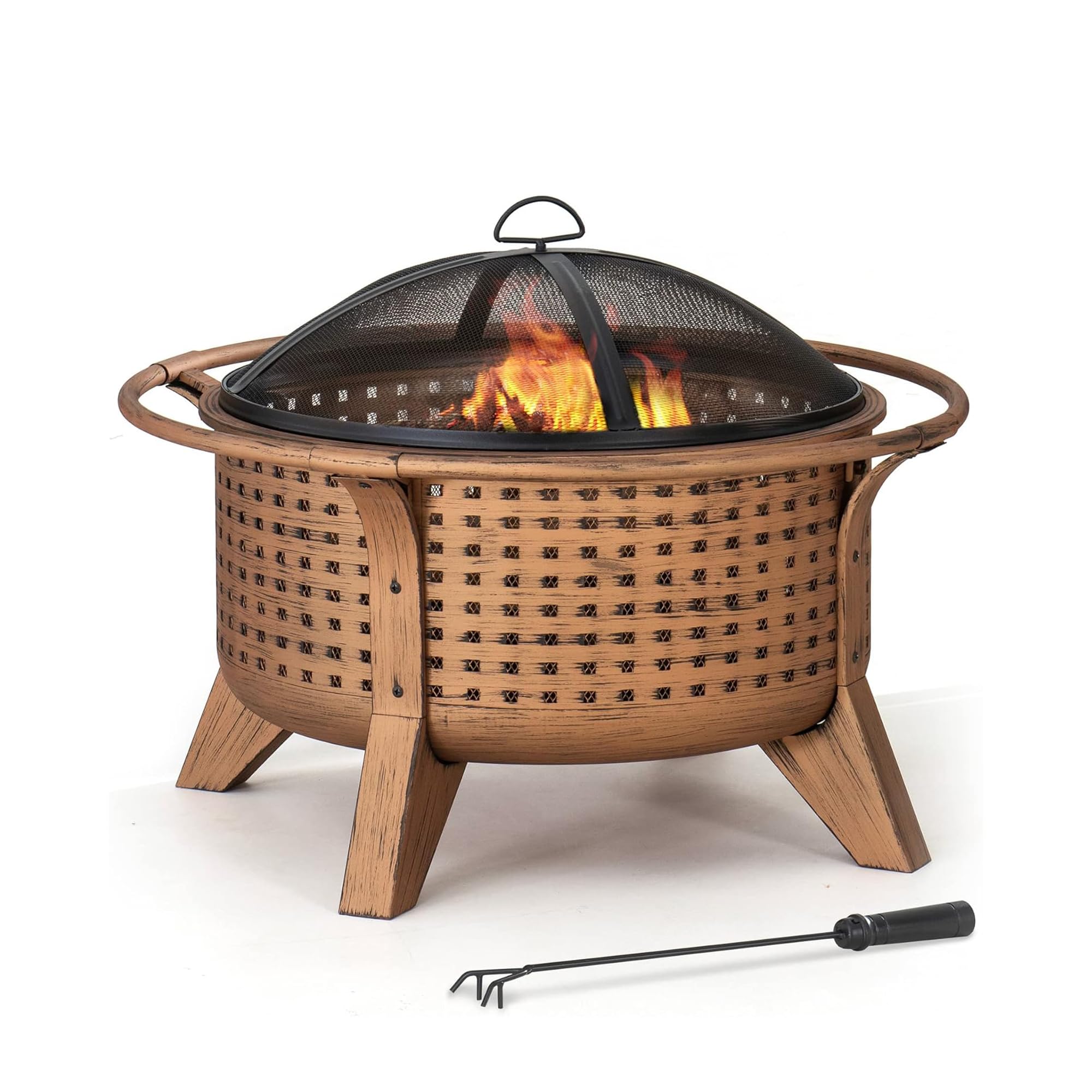 SUNJOY 76 cm Feuerschale aus geflochtenem Stahl – Runder Feuerkorb mit Funken-Schutz und Schürhaken für Terrasse & Garten