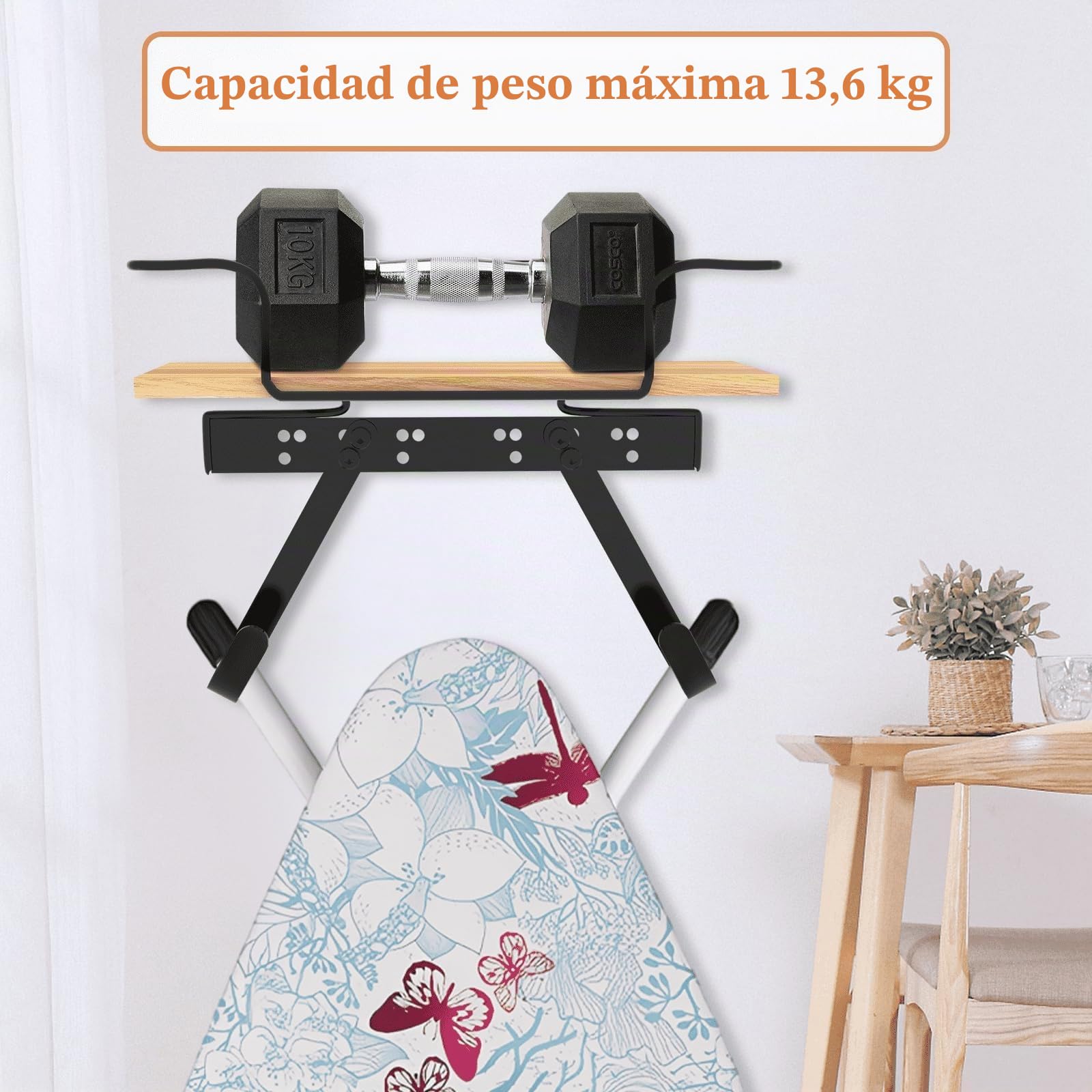 Percha para tabla de planchar para lavandería, soporte para plancha y tabla de planchar, cesta grande de madera y ganchos extraíbles, soporte de pared de metal
