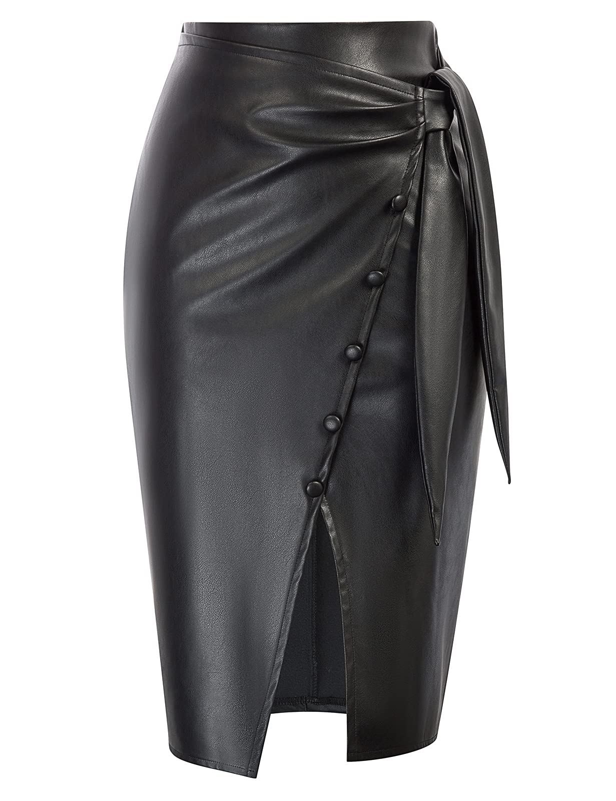 Women Wrap PU Leather Skirt Split High Waist Midi Bodycon Pencil Skirt
