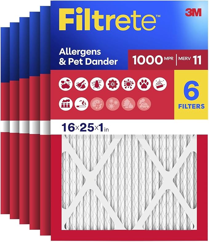 Filtrete 16x25x1 Air Filter, MERV 11, MPR 1000, Allergens & Pet Dander, 3-Month AC and Furnace Filters, Cleaner Air, Reliable Airflow, 6 HVAC Filters (Actual Size 15.68 x 24.68 x 0.81 in)