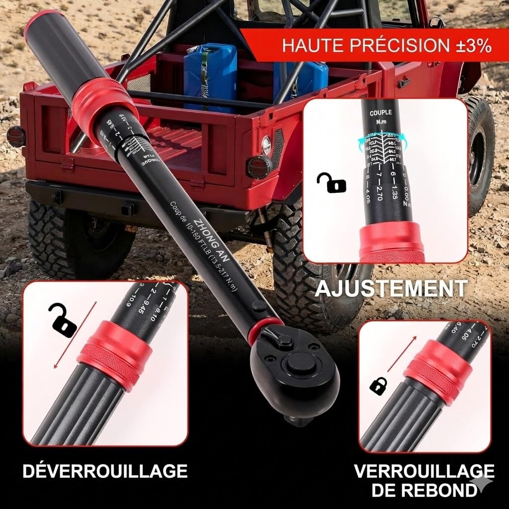 Coffret Clé Dynamométrique 1/2" Professionnelle, 13,5-217 Nm (10-160 ft-lb) avec Douilles 17/19/21mm, Rallonge et Adaptateurs (1/4", 3/8"), Clé à Cliquet de Haute Précision pour Auto, Moto et Atelier