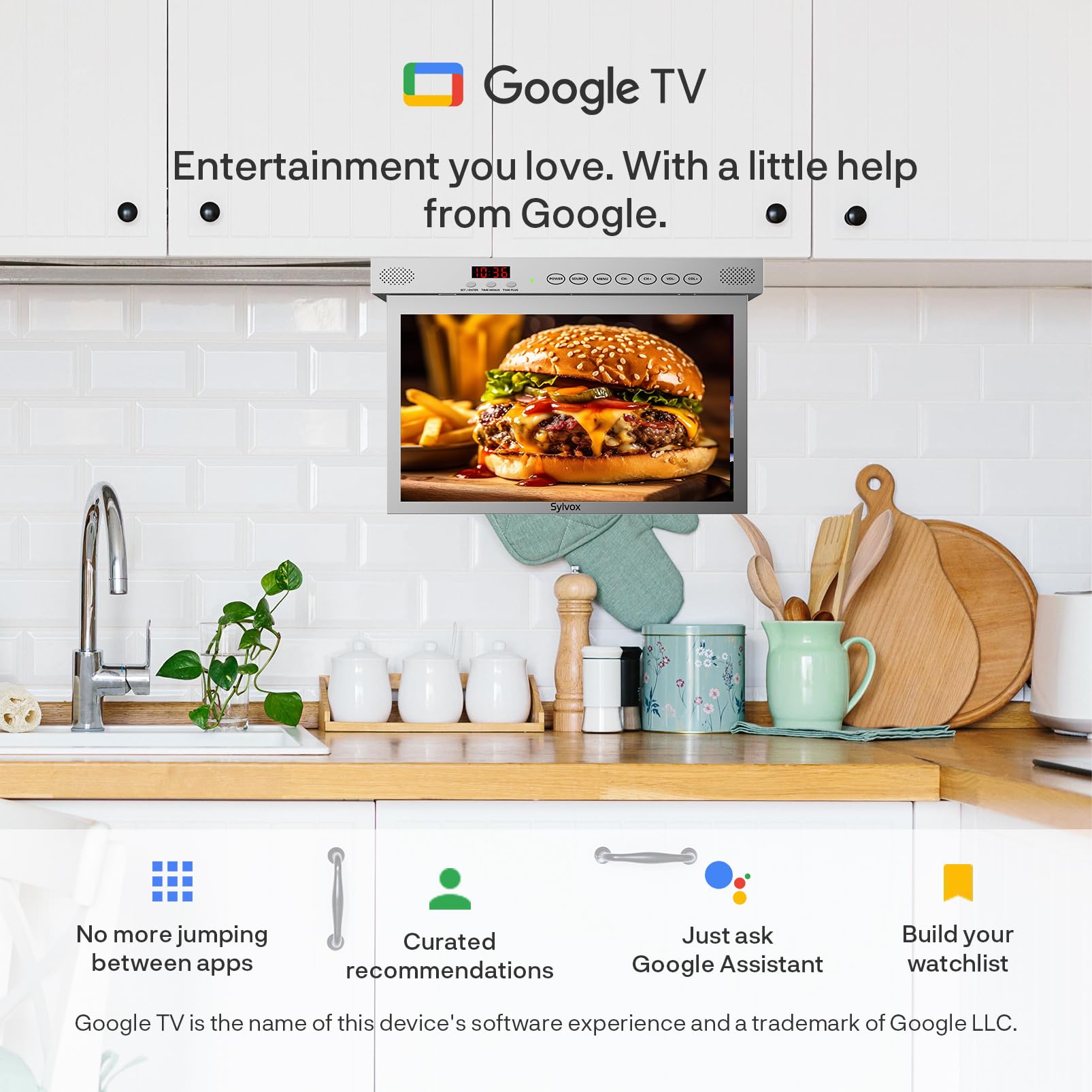SYLVOX 15.6" TV per Cucina Ribaltabile,1080P FHD, Google 12V TV - Argento | Mini TV Pieghevole a 90°, Girevole ± 180°, DVB-T2/S2, HEVC 10 | USB | Kitchen Televisione per Camper, Camera