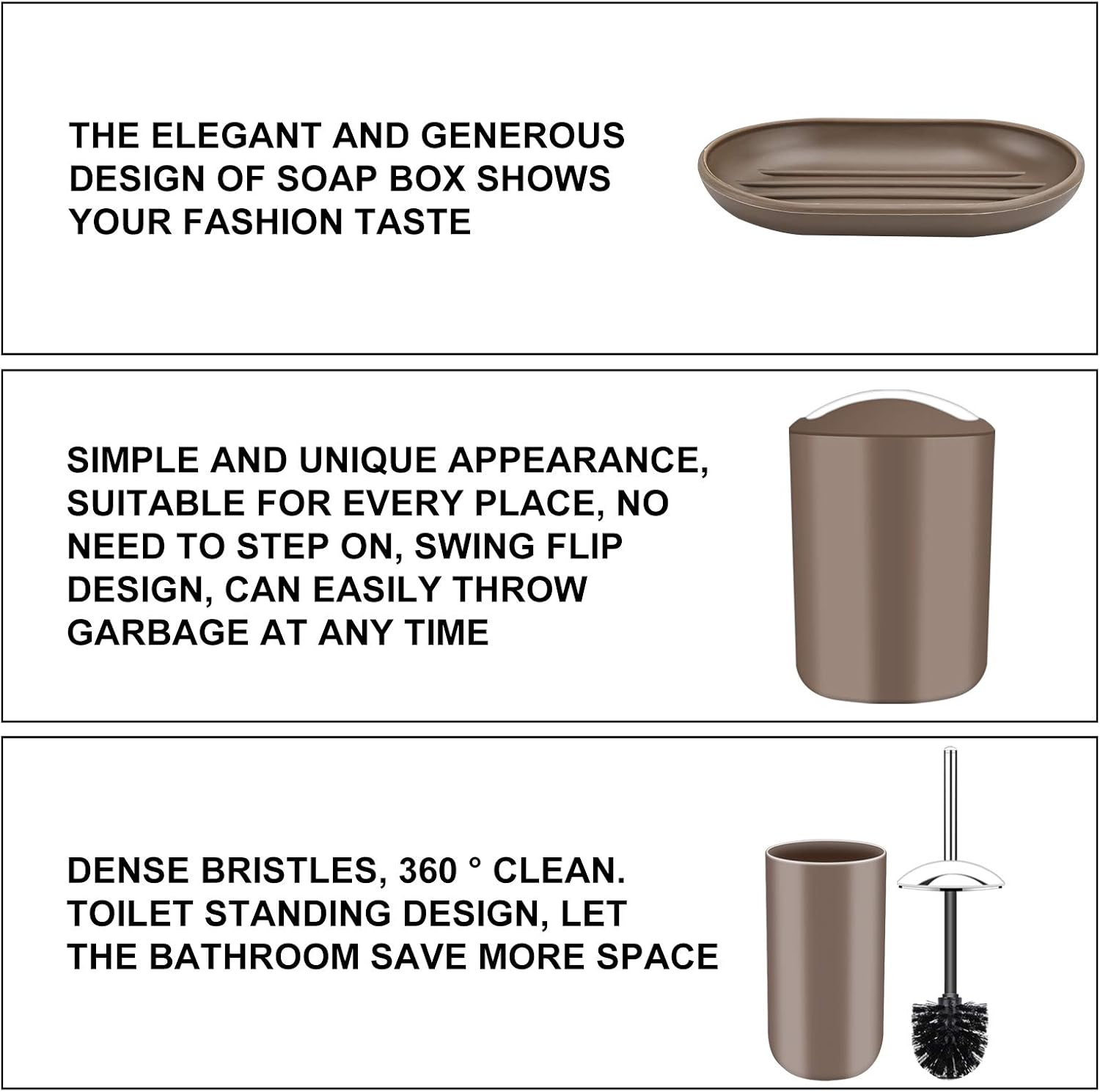 MYFAMIREA Bathroom Accessory Set, 6 PCS Plastic Bath Ensemble Set, Toothbrush Cup, Toothbrush Holder, Soap Dish, Soap Dispenser, Trash Can, Toilet Brush Set (Coffee)