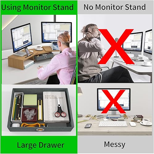 Miniatura 5 de WESTREE Soporte elevador para monitor doble con cajón, longitud y ángulo ajustables, 2 soportes para teléfono, organizador de escritorio para