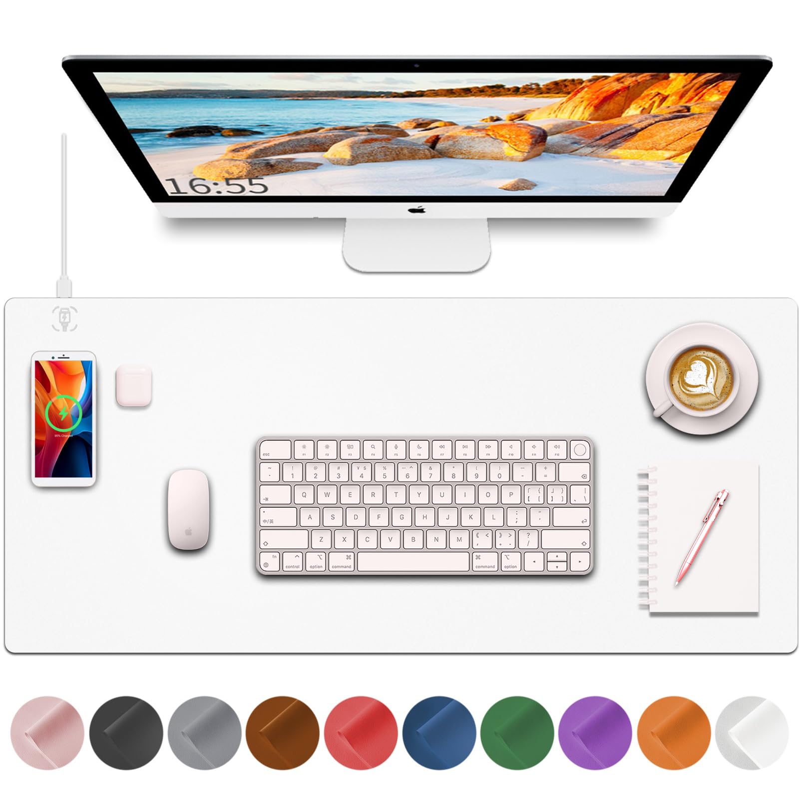 Tappetino da scrivania con ricarica wireless, tappetino per mouse bianco con caricabatterie wireless, tappetino da scrivania opaco per desktop, tappetino per mouse da gioco, tappetino per mouse grande