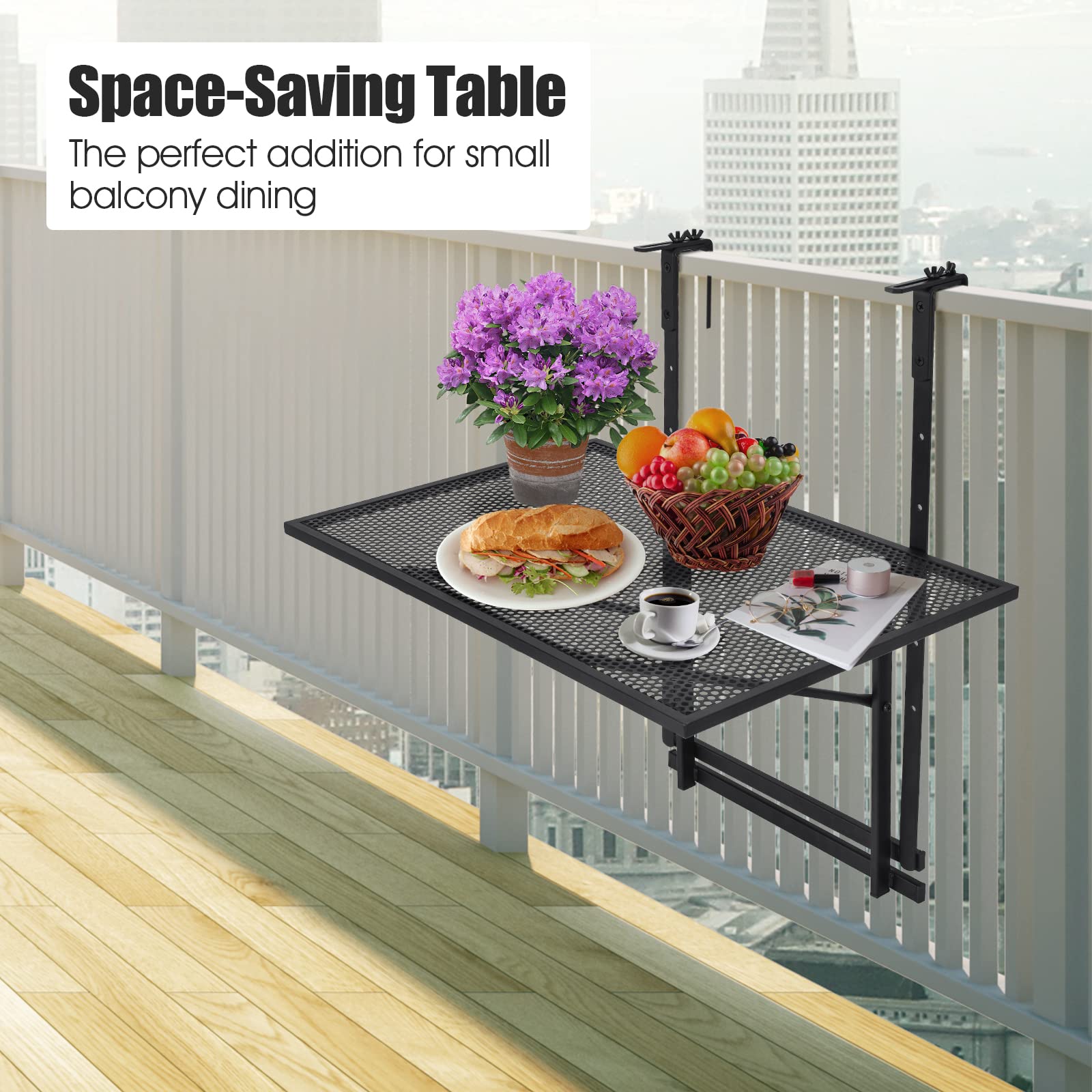 RELAX4LIFE Balkonhängetisch 5-stufig höhenverstellbar, Hängetisch Eisen, Beistelltisch klappbar, Balkontisch bis 20kg belastbar, Klapptisch mit Halterung zum Einhängen, Balkon Garten Terrasse, Schwarz