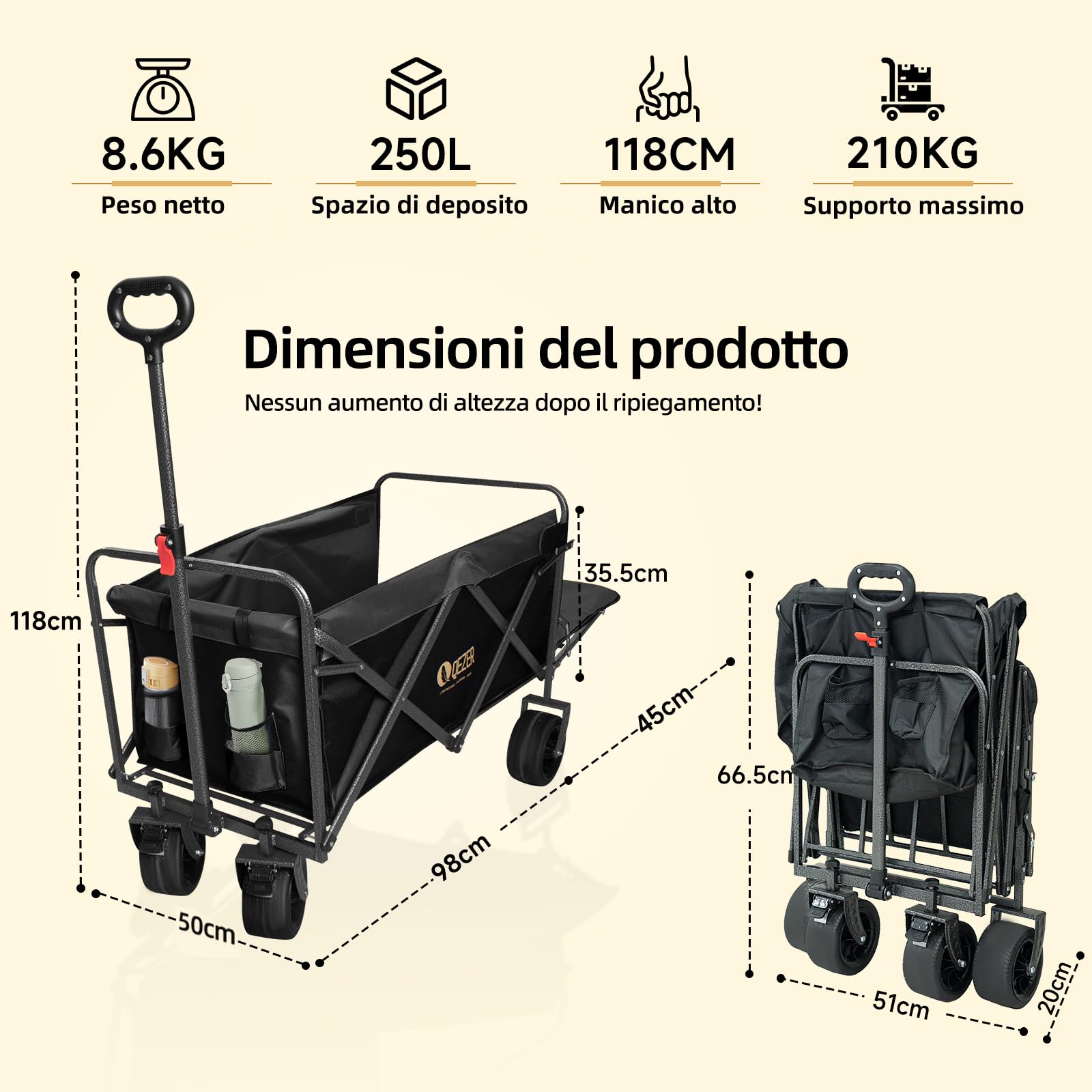 Carrello pieghevole è dotato di grandi ruote staccabili e di una maniglia regolabile, Capacità di carico massima 100kg/210kg，Adatto per campeggio, giardini e shopping (nero 250 litri 210kg)